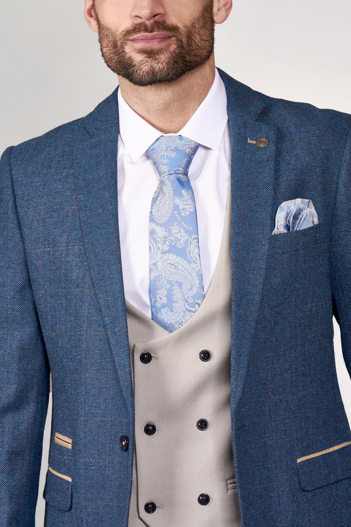 DION Blue Tweed Check Suit with Kelvin Stone Waistcoat - Stylish Men's Formal Wear for Weddings, Business Meetings & Special Occasions