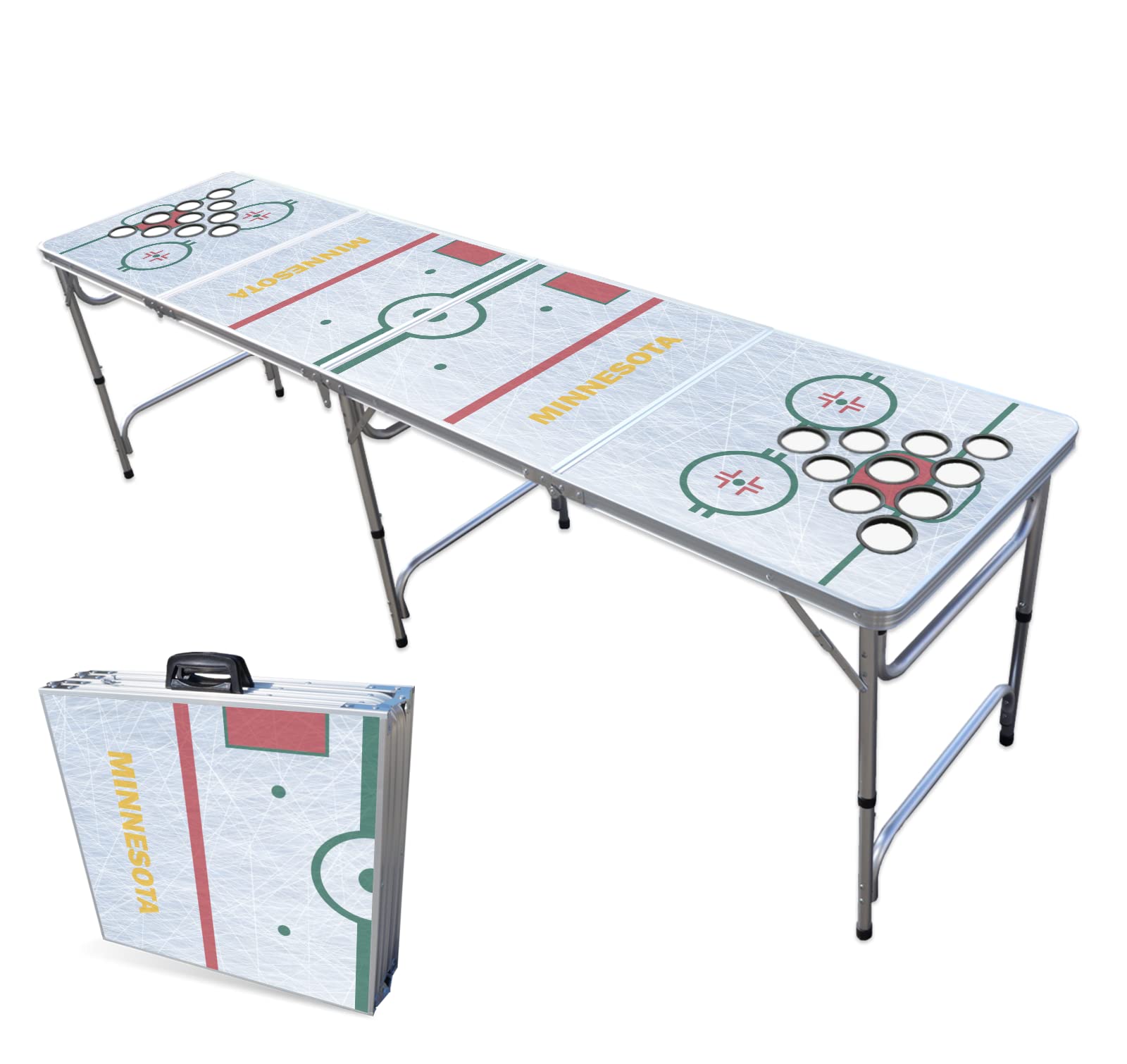8-Foot Folding Portable Beer Pong Table with LED Lights & Optional Cup Holders - Minnesota Hockey Rink Design for Indoor/Outdoor Parties, Tailgates & Game Nights