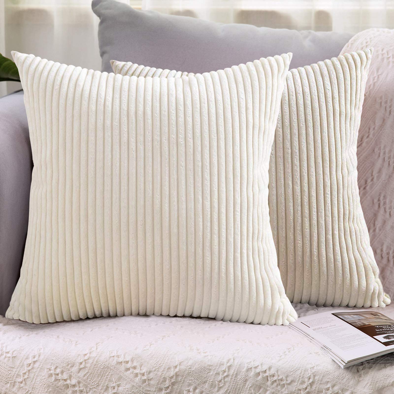 LHKIS 16x16 Inch White Corduroy Throw Pillow Covers - Farmhouse Decorative Cushion Covers Set of 2 for Sofa, Couch, Bedroom & Car - Cozy Home Decor & Seasonal Accent Pillows