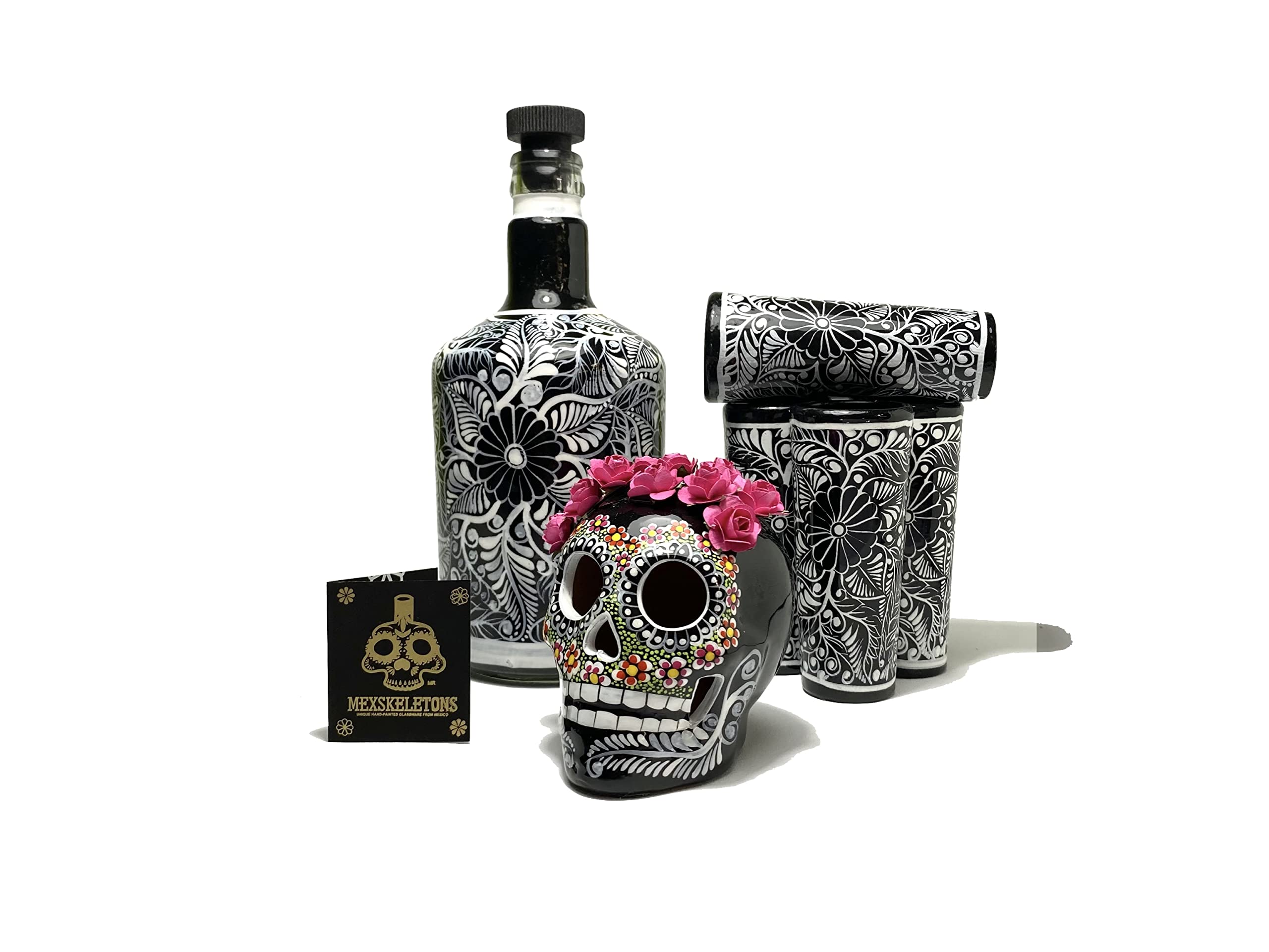 Hand-Painted Mexican Skull Tequila Decanter Set with Shot Glasses & Sombrero - Unique Bar Decor & Liquor Gift (Black Catrina Set) - Perfect for Cinco de Mayo Parties & Home Bar Decorations