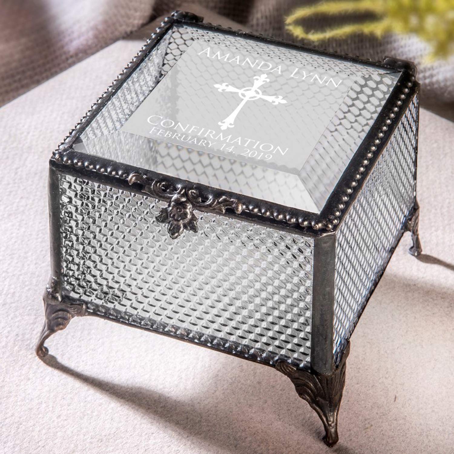 Personalized Clear Textured Stained Glass Jewelry Box - Custom Engraved Gift for Confirmation, Baptism, Wedding & Special Occasions | Elegant Keepsake Storage for Necklaces, Rings & Treasures