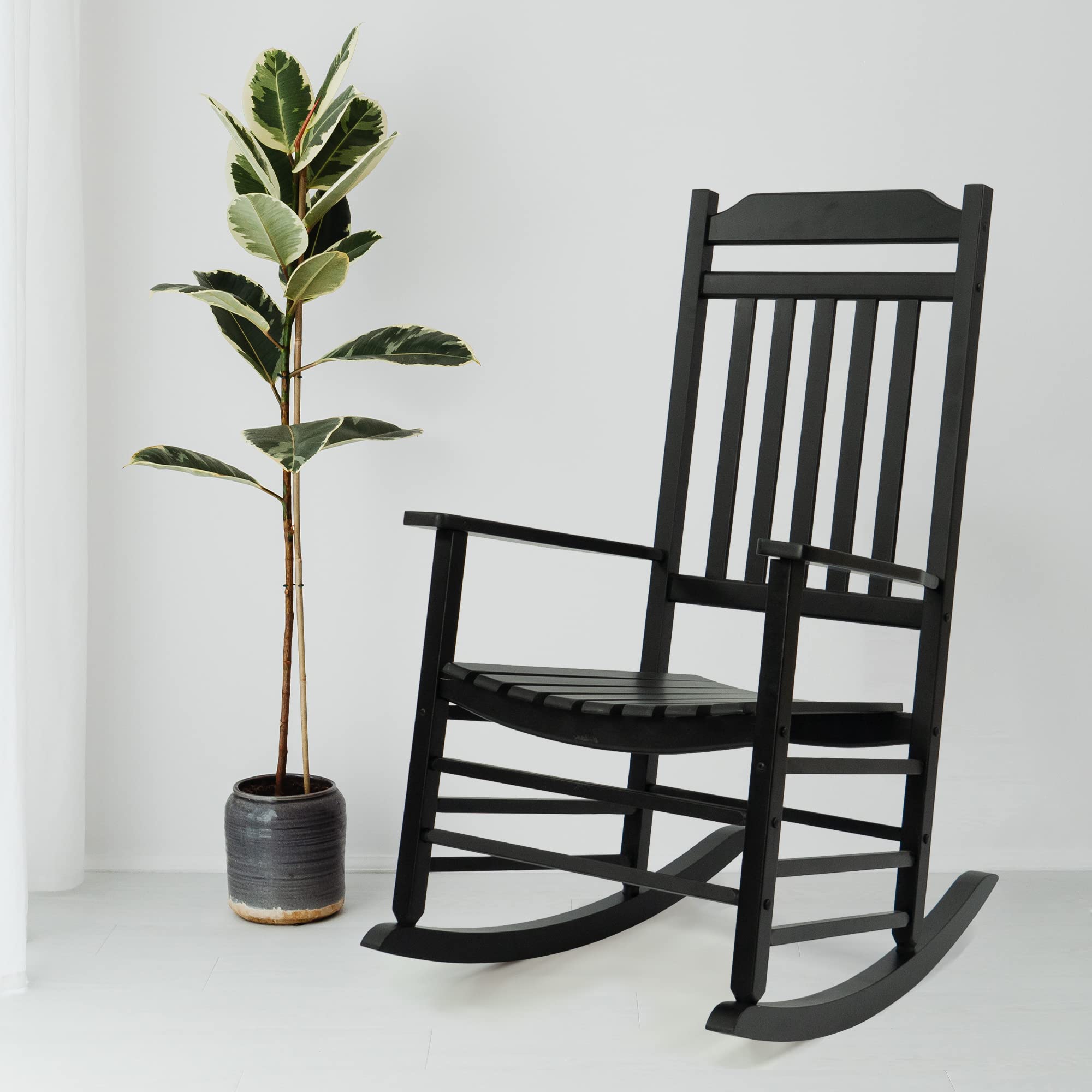 Kozyard Solid Wood High Back Slat Rocking Chair - Outdoor & Indoor Rocking Chair for Front Porch, Patio, Garden, or Living Room - Comfortable Black Wooden Rocker for Relaxation (Perfect for Reading, Sunbathing & Family Gatherings)