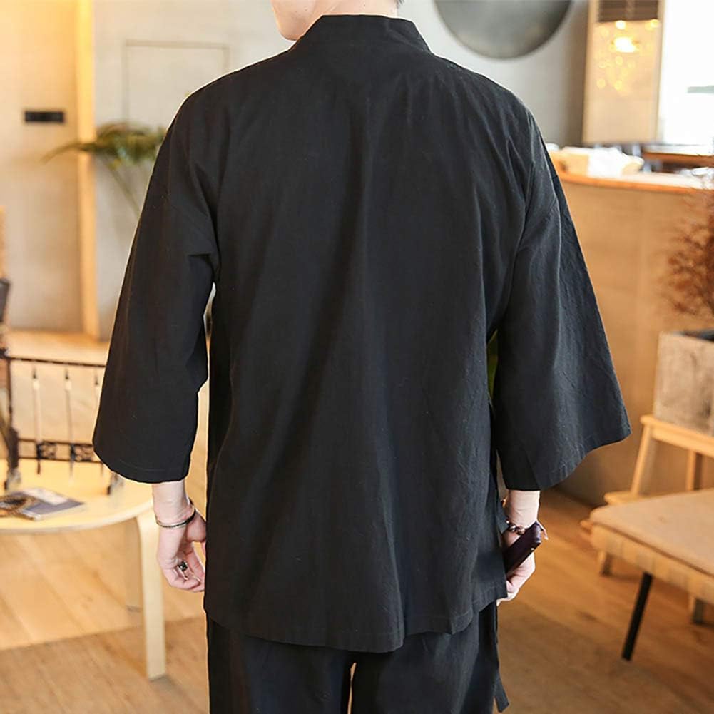 StarDY Men's Chinese Style Linen Cardigan Jacket - Loose Kimono Jacket with Self-Tie Belt, Solid Color Hanfu Traditional Clothing for Meditation, Tea Ceremony & Cultural Events
