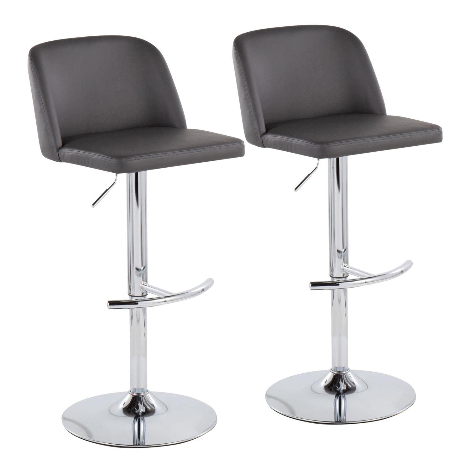 LumiSource Toriano Adjustable Swivel Bar Stool Set of 2 - Chrome Metal Frame with Grey Faux Leather Seat - Modern Kitchen Island & Home Bar Stools for Dining & Entertainment Areas
