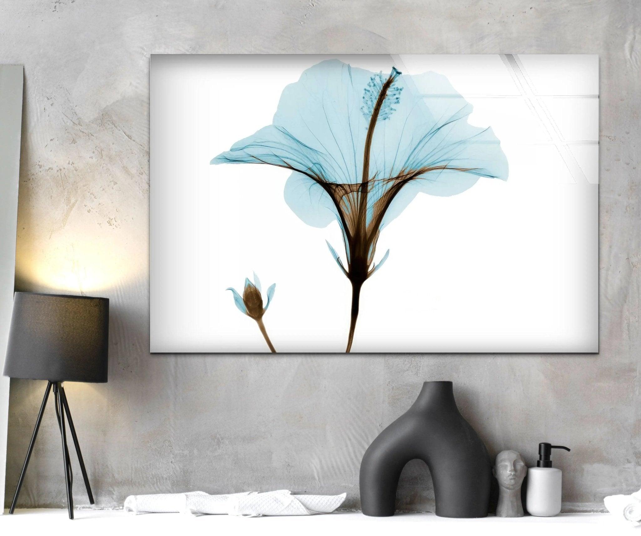 Albert Koetsier Aqua Hibiscus Glass Wall Art - Handcrafted Stained Glass Decor for Living Room, Bedroom & Office - Elegant Floral Design for Home & Office Decor