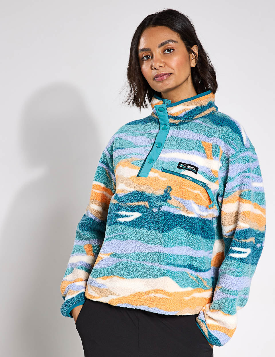 Helvetia II Cropped Sherpa Fleece Jacket - Half Snap Printed, Teal Rogue Valley - Cozy Winter Outerwear for Women, Perfect for Casual Outings & Outdoor Adventures