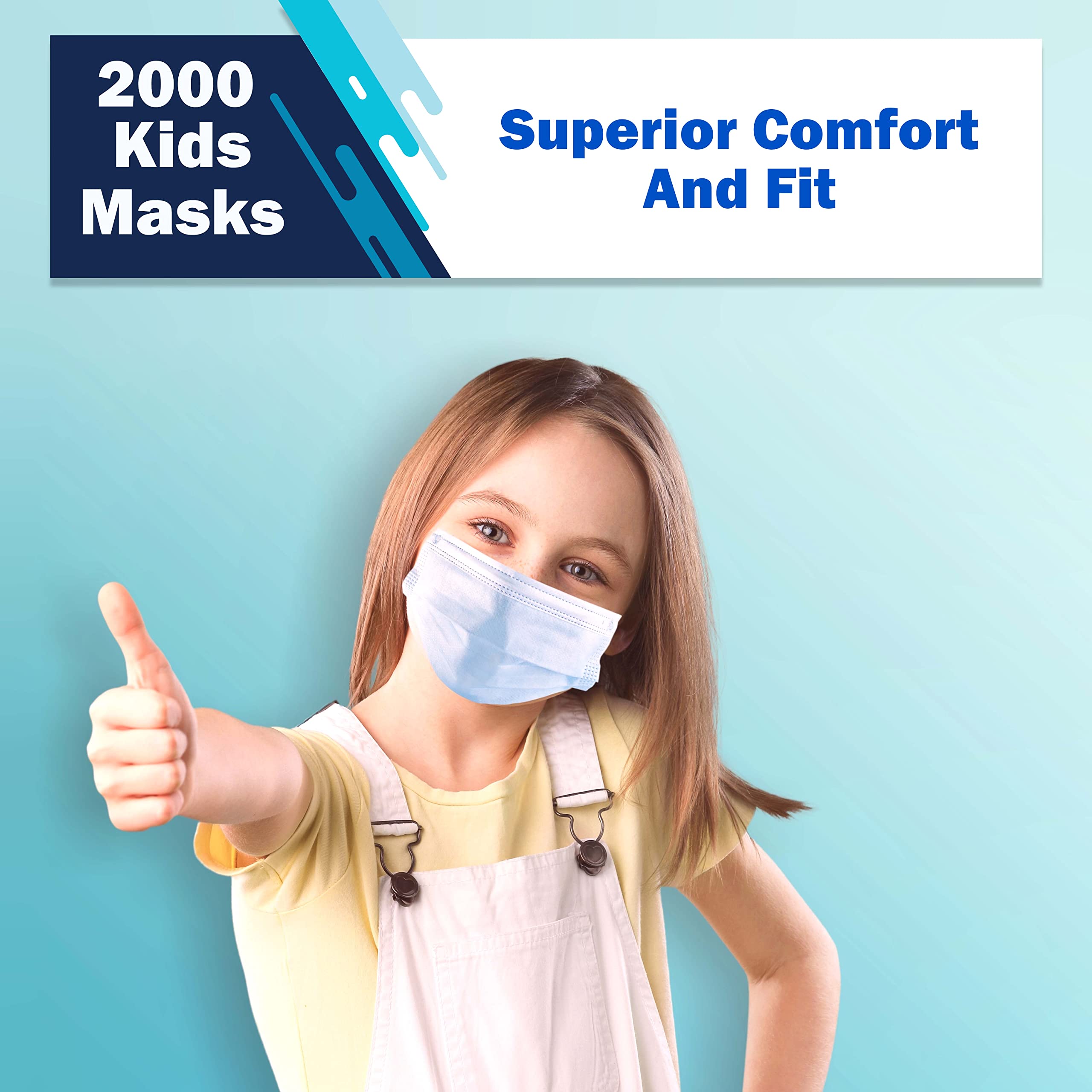 2000 Kids Disposable Face Masks Bulk Pack (40 Boxes x 50pcs) - 3-Layer Non-Woven Breathable Adjustable Earloop Masks for School, Travel & Daily Protection
