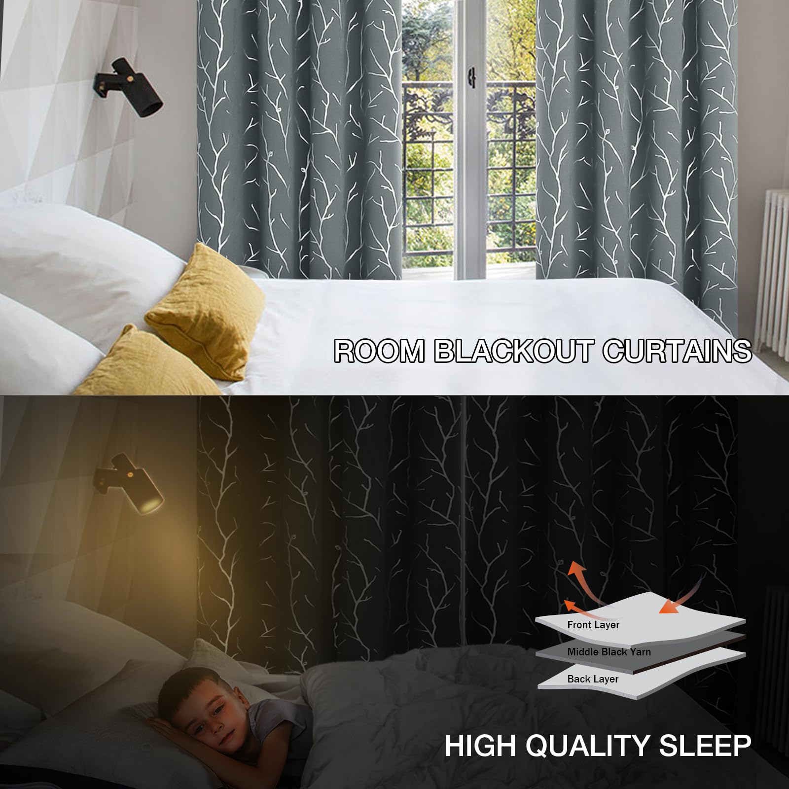 Thermal Insulated Blackout Curtains for Kitchen - 2 Panels Set with Foil Print Branches Design, 38