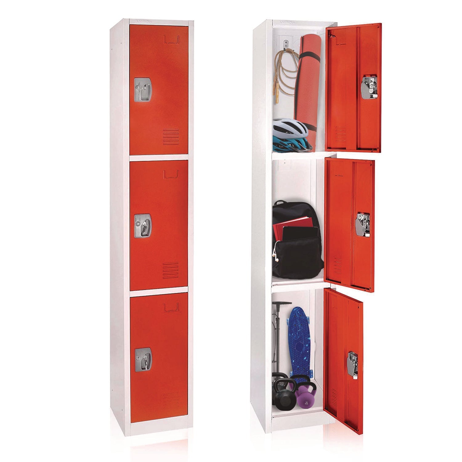 Steel Storage Locker with 3 Compartments - 12x12x72 Inches, Red - Heavy-Duty School, Gym & Office Locker for Secure Storage