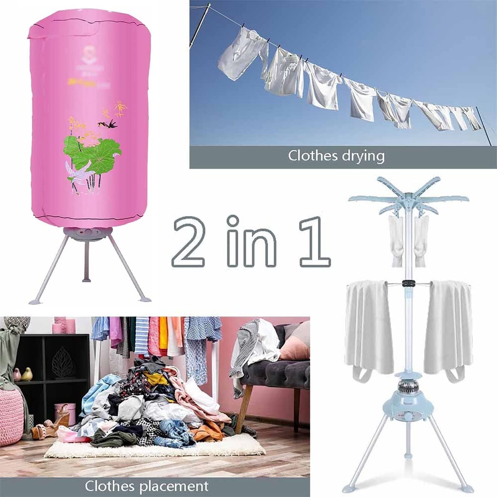 1000W Electric Clothes Dryer - Fast Drying Heated Airer with Timer, 15kg Capacity | Energy Efficient Pink Wardrobe Drying Rack for Indoor Laundry | Perfect for Apartments, Dorms & Small Spaces During Winter & Rainy Days