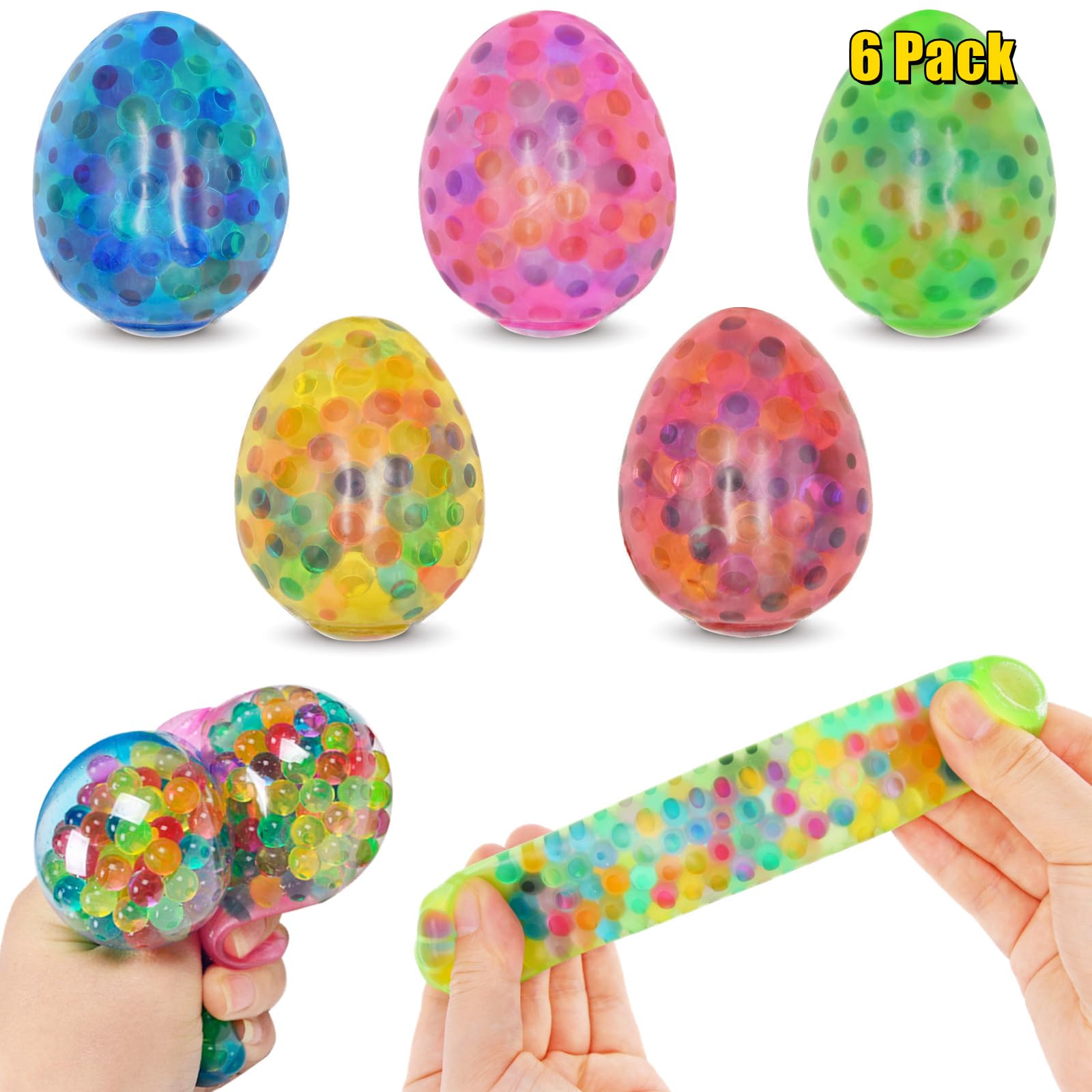 6 Pack Easter Eggs Stress Balls - Squishy Fidget Toys for Kids & Adults, Easter Egg Hunt Party Favors, Basket Stuffers, Classroom Prizes (Great for Anxiety Relief & Sensory Play)