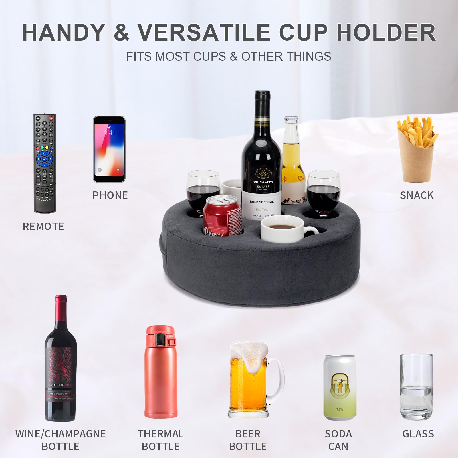 7-in-1 Multi-Functional Couch Cup Holder Pillow - Drink Caddy for Sofa, Bed, Car, RV & Beach - Grey - Perfect for Movie Nights, Road Trips and Relaxing Outdoors