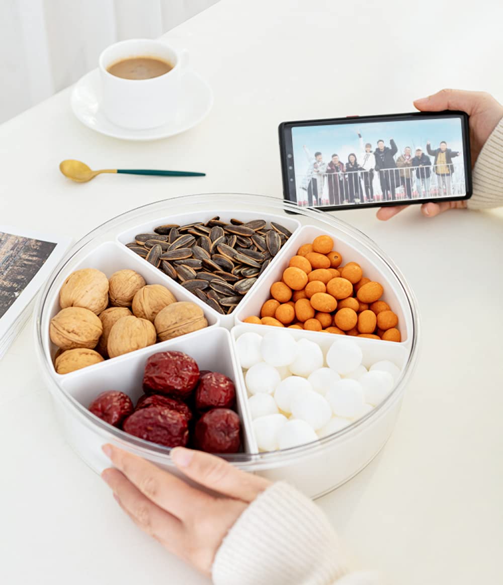 360° Rotating 5-Section Snack Candy Nut Bowl with Airtight Lid - Perfect for Dried Fruits, Nuts, Chocolates, Party Snacks & Dessert Serving Tray - Ideal for Home, Office, Parties & Entertaining