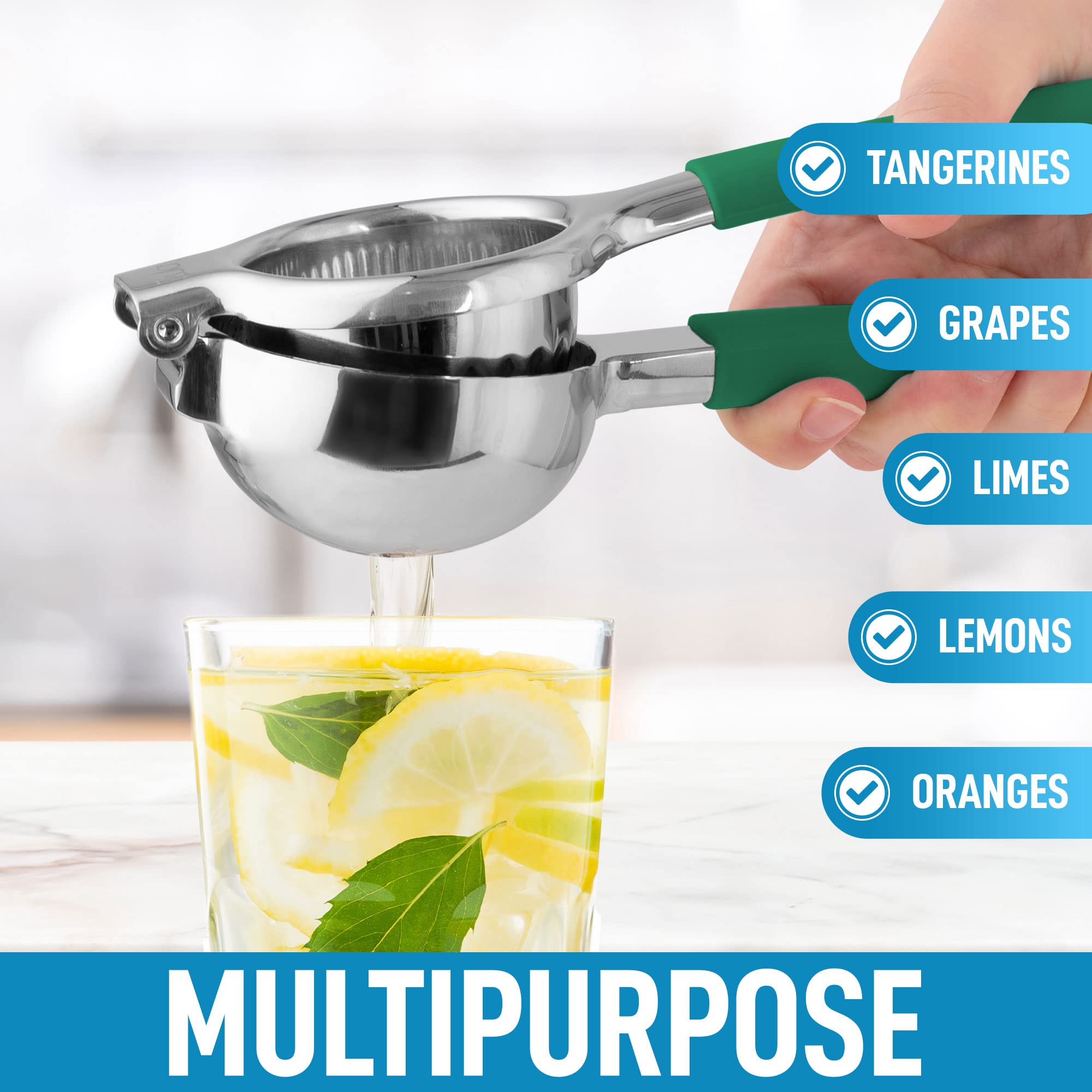 Premium Stainless Steel Lemon Squeezer - Heavy Duty Manual Citrus Juicer with Non-Slip Silicone Handles for Lime, Orange & Grapefruit - Large Metal Lemon Press for Bar, Kitchen & Cocktail Making (Green)