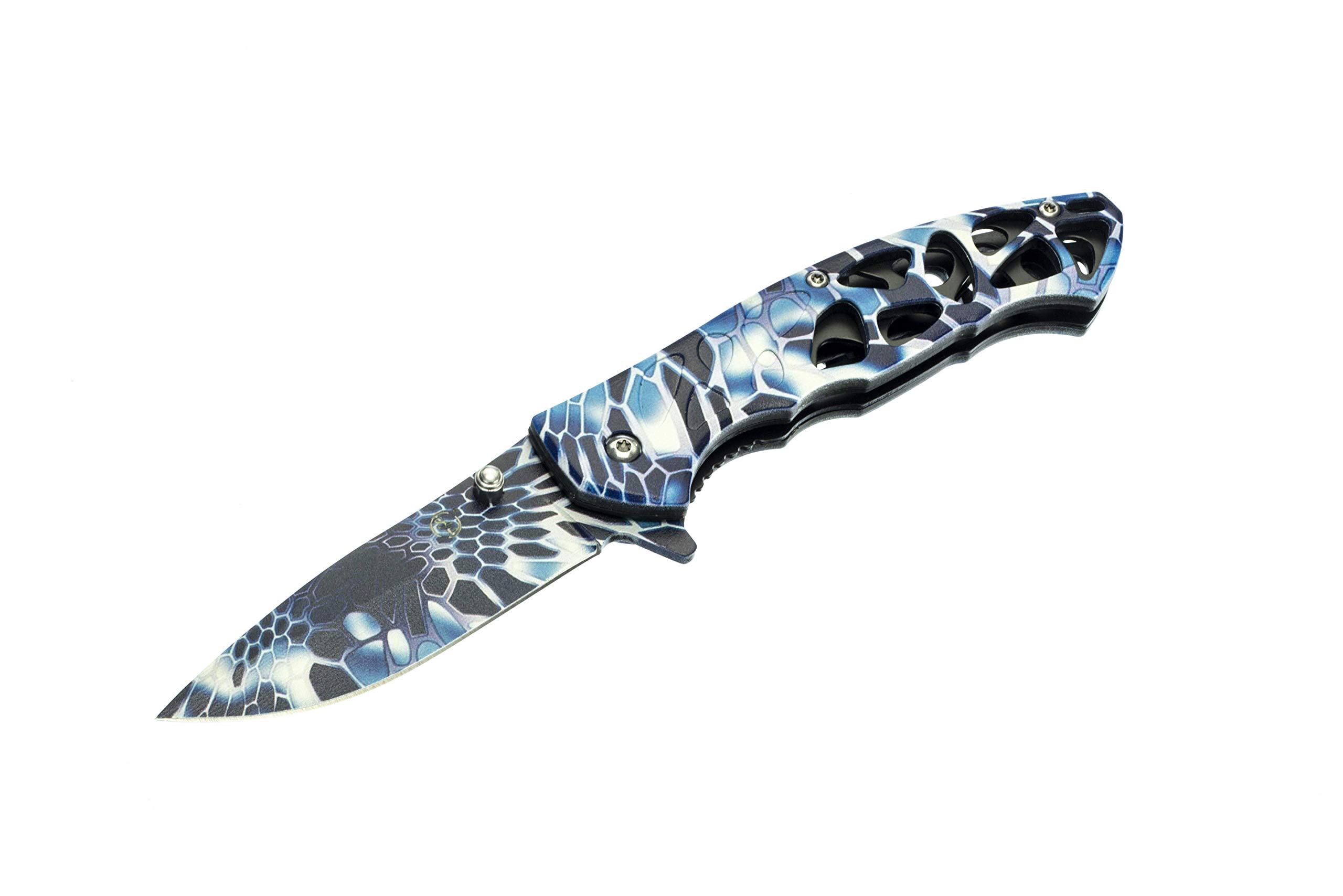 SE Spring Assisted Drop Point Folding Knife - Blue Reptile Skin Design Tactical Pocket Knife KFD20022-3 for Outdoor Camping, Hiking & Everyday Carry (EDC)