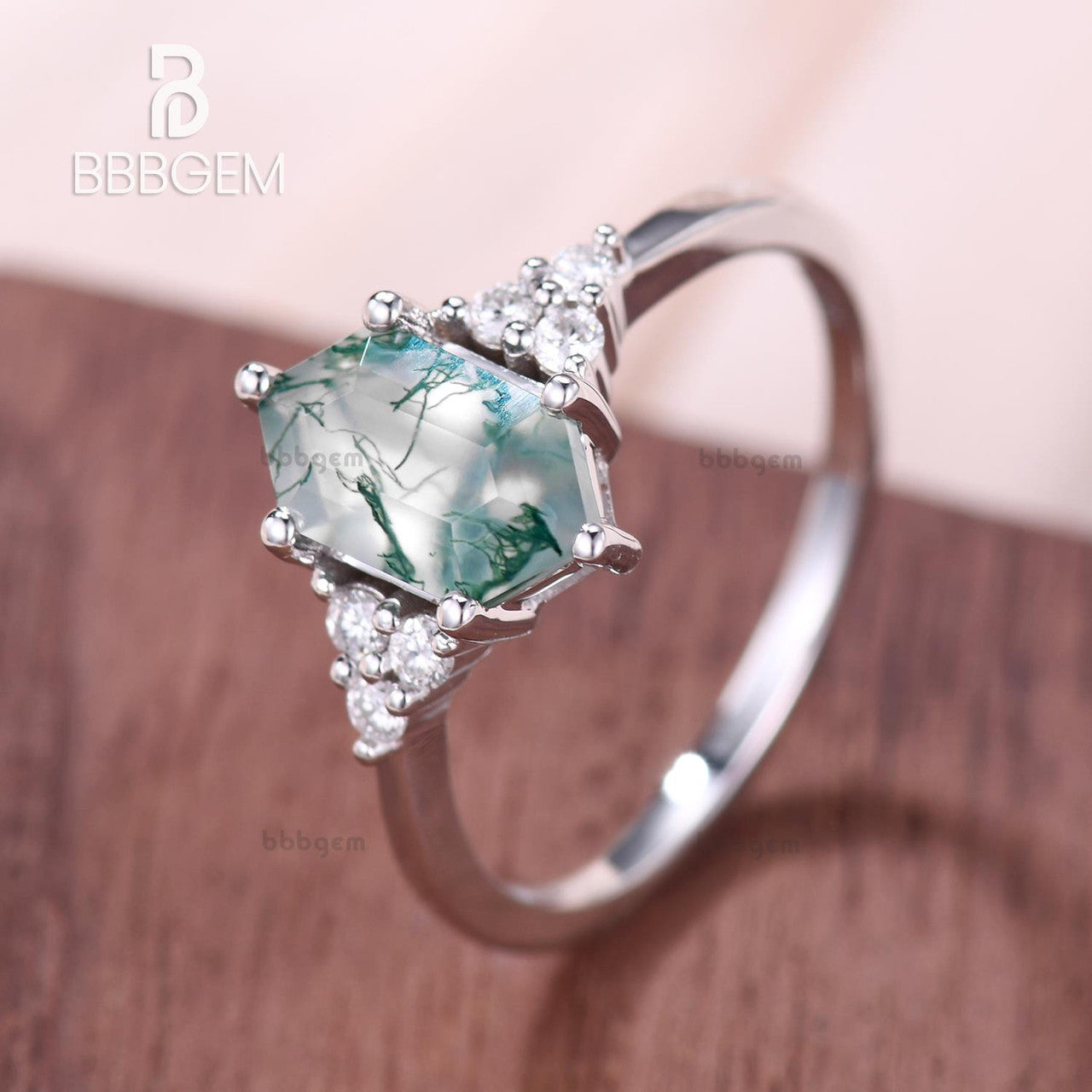 Long Hexagon Cut Moss Agate Engagement Ring with Cluster Diamond Accents - Green Crystal Elongated White Gold Wedding Band for Women | Perfect for Proposals, Anniversaries & Romantic Occasions