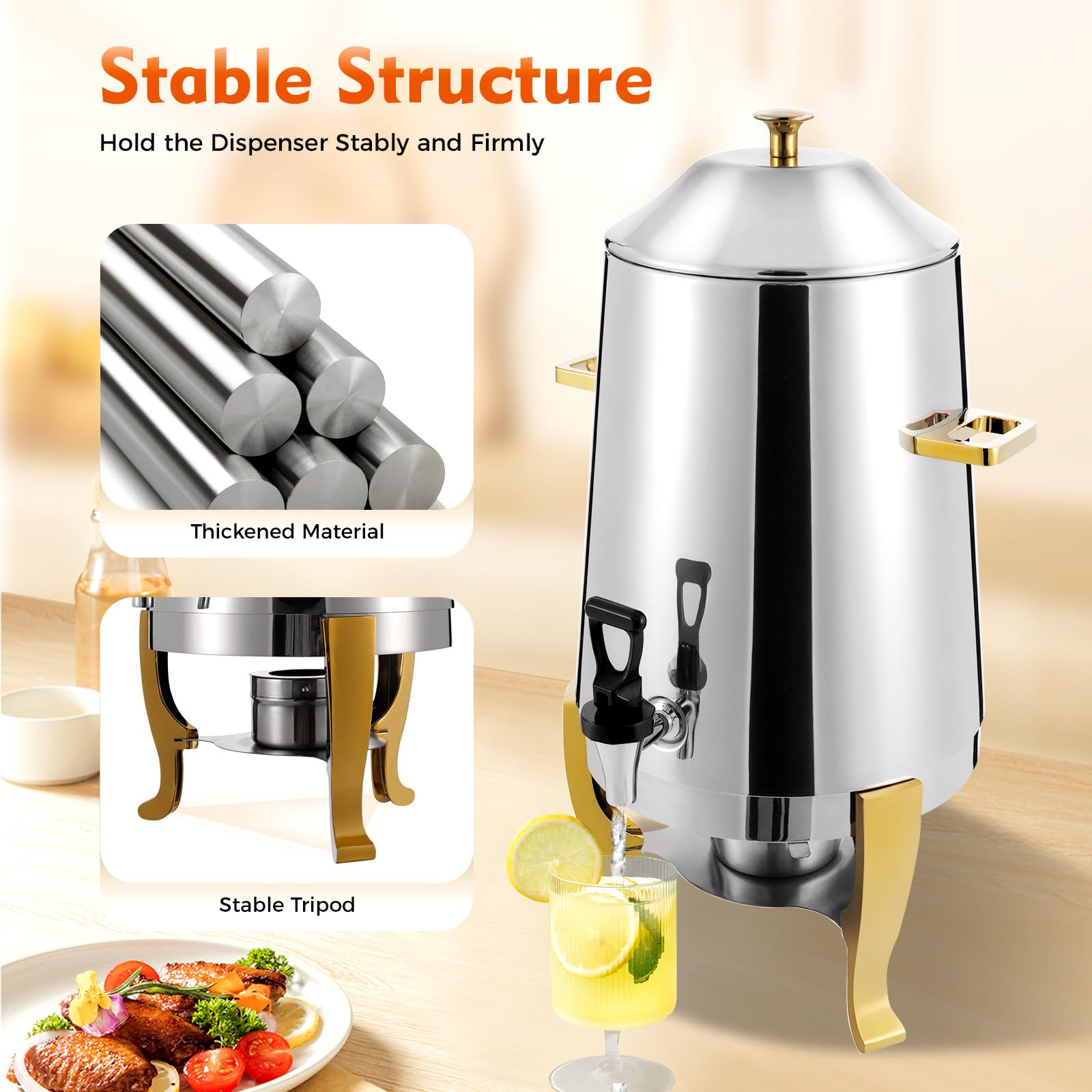 13L Stainless Steel Coffee Urn with Fuel Holder - Continuous Heating Beverage Dispenser for Hot & Cold Drinks - Perfect for Parties, Buffets, Catering (Gold Alcohol) - Ideal for Coffee, Tea, Hot Chocolate and Punch Serving at Events