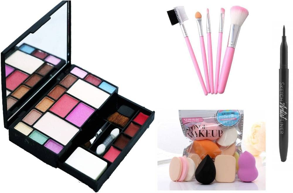 Fozzby 6171 All-in-One Fashion Makeup Kit with 5-Piece Brush Set, Makeup Sponges & Black Eyeliner (4-Pack) – Perfect for Professional Makeup Artists, Beginners & Everyday Beauty Routine