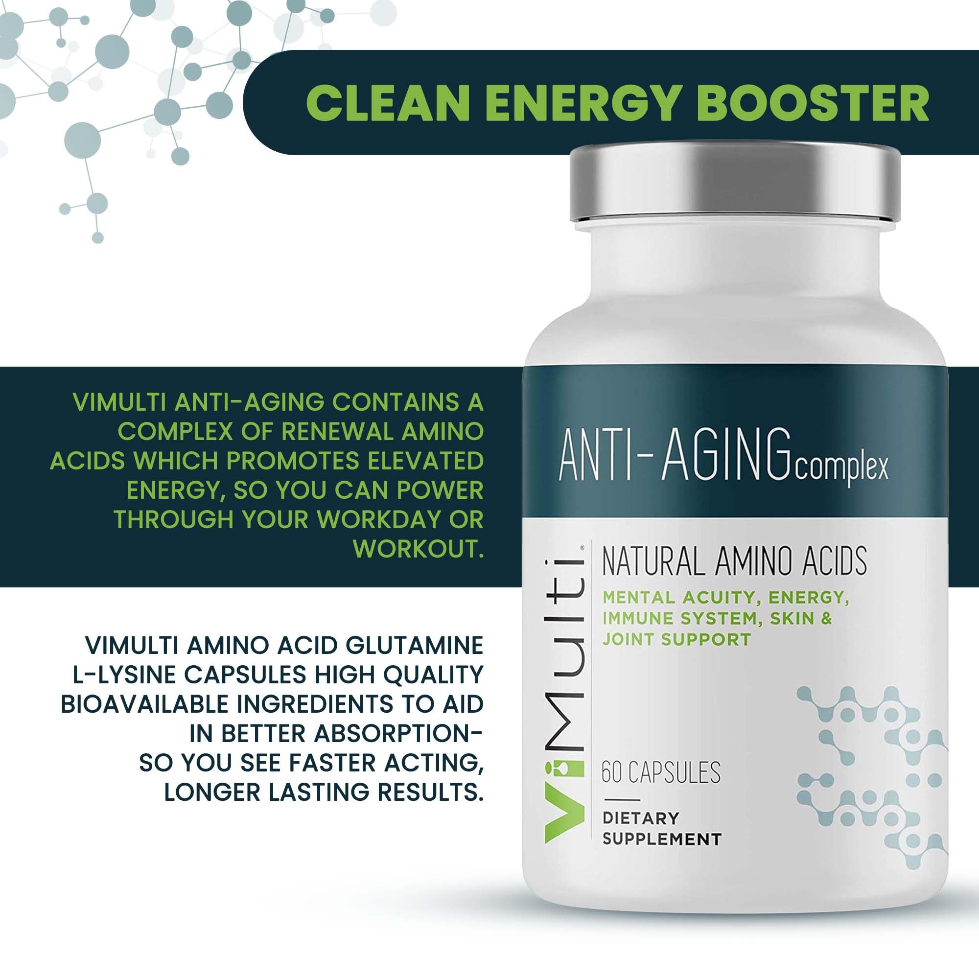 Anti-Aging Natural Amino Acid Supplement for Longevity - Boosts Immune System, Energy, Mental Focus & Skin Health - 60 Capsules (2 Pack) - Supports Restorative Sleep & Overall Wellness for Active Adults