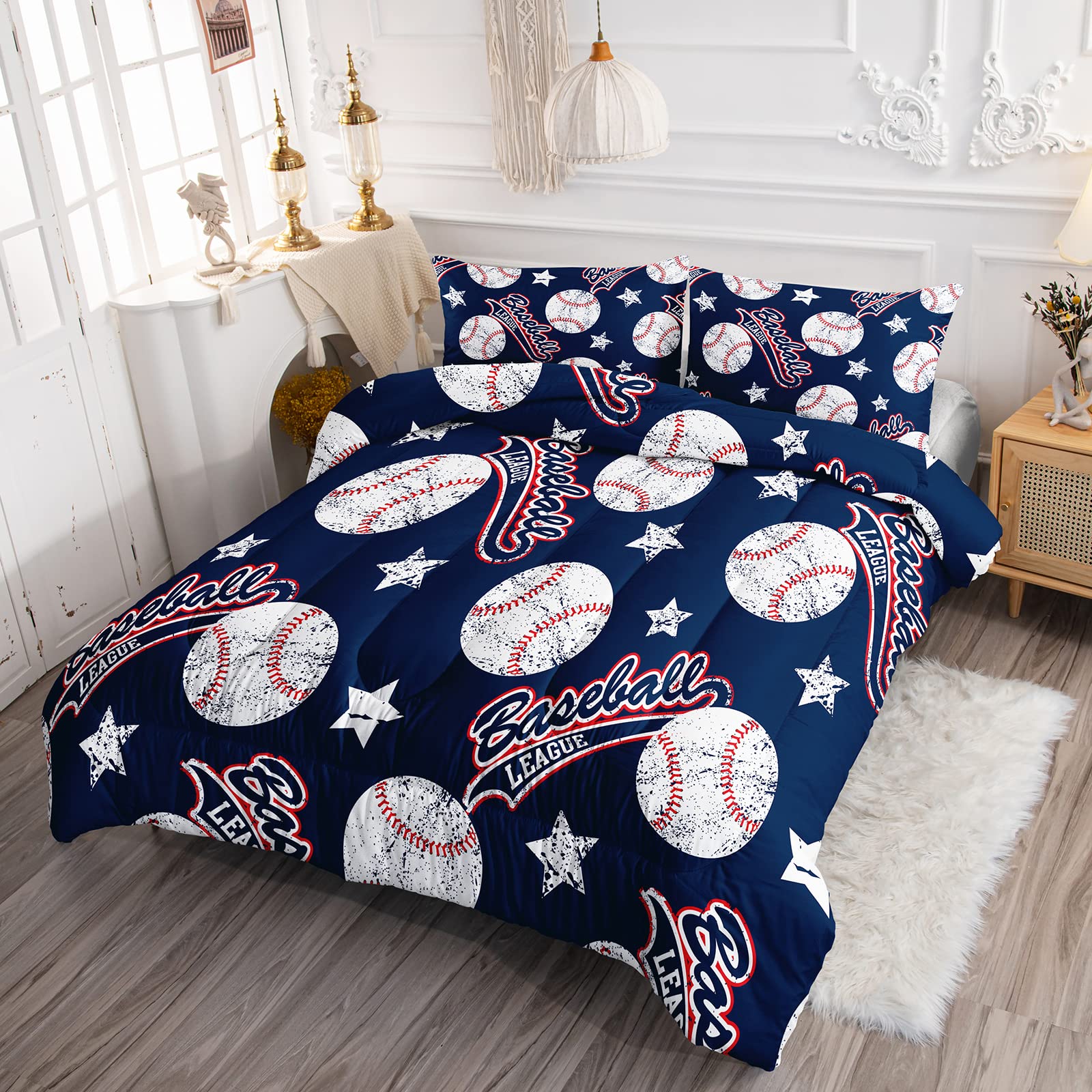 QOOMO 3D Baseball Print Twin Size Comforter Set - Blue Sports Theme Kids Bedding with 2 Pillowcases, Down Alternative, Soft & Lightweight All-Season Bedding - Perfect for Boys' Rooms, Baseball Themed Bedrooms & Sports Lovers
