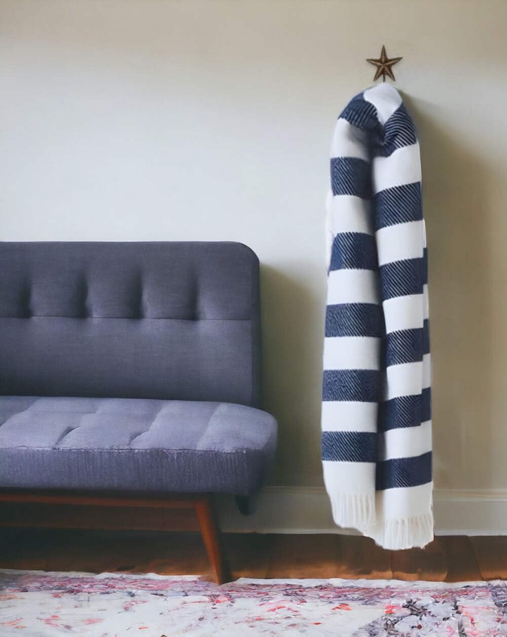 Premium Cream & Navy Blue Cotton Acrylic Blend Slanted Stripe Fringed Throw Blanket - Soft Cozy Blanket for Couch, Bed, Sofa - Perfect for Living Room, Bedroom & Outdoor Use