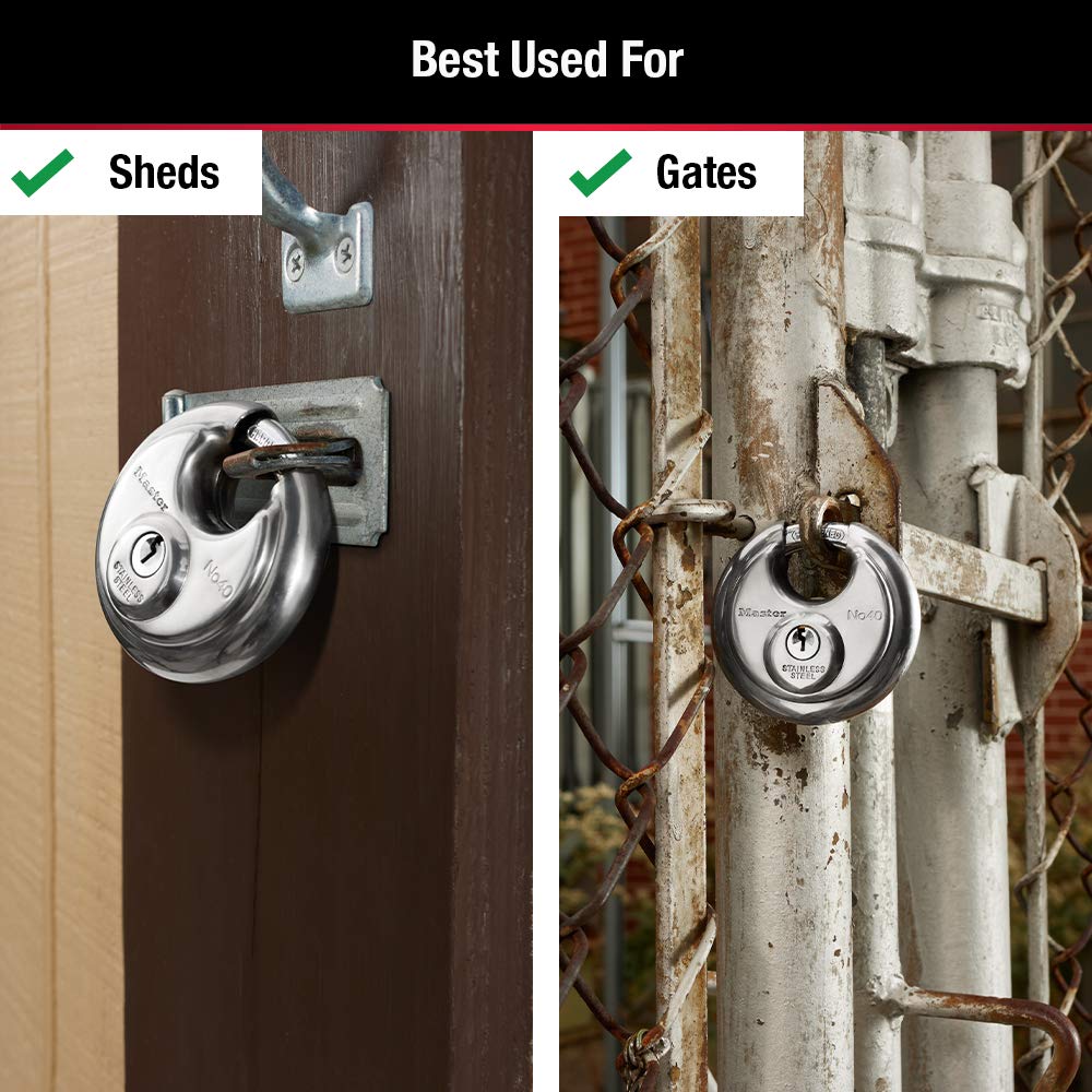 Master Lock 40D Stainless Steel Discus Padlock with Key - High Security Outdoor Lock for Gates, Fences & Storage Units (Silver)