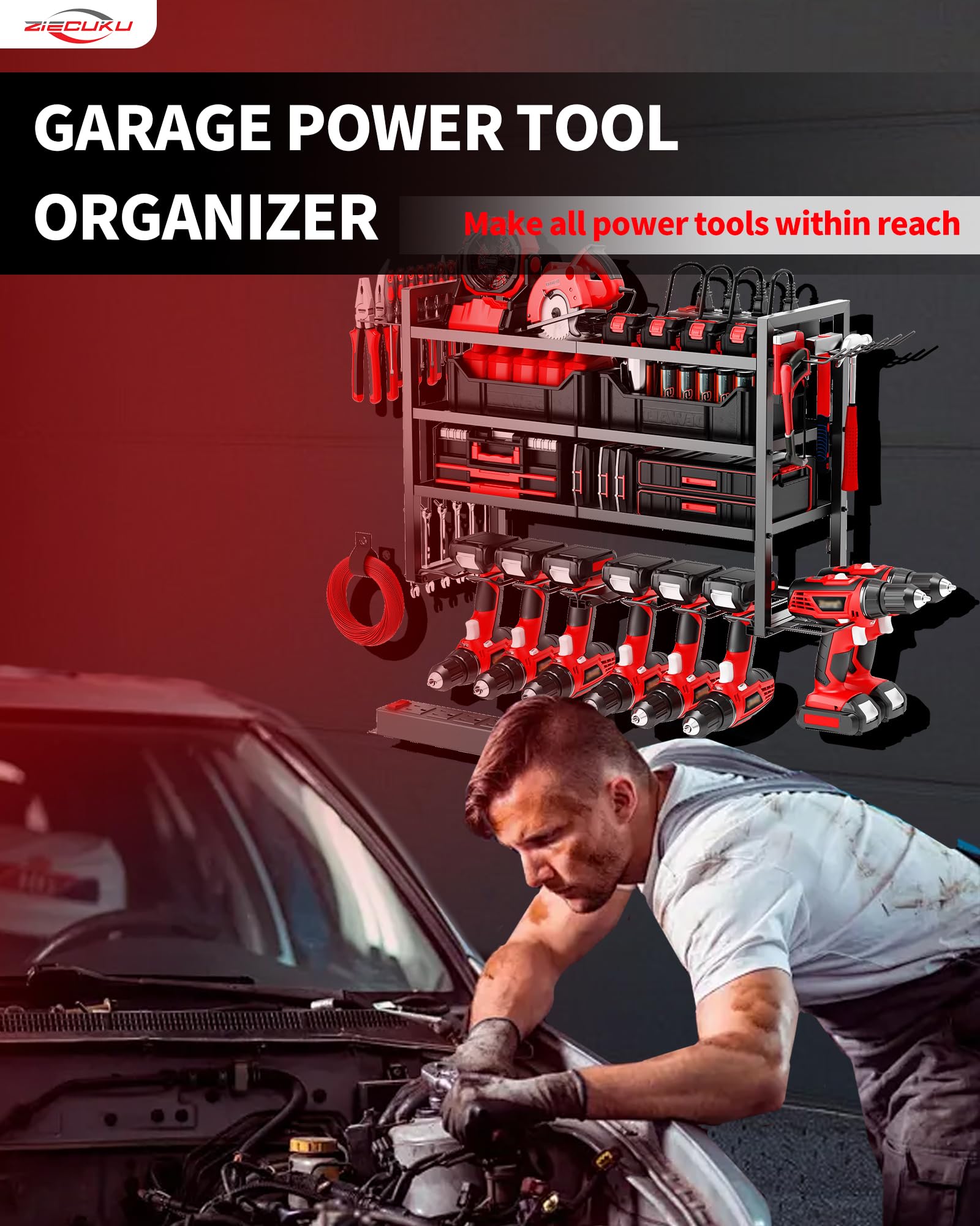 Wall Mount Power Tool Organizer with Charging Station - 8 Drill Holder & 4 Outlet Power Strip - 4 Layer Garage Tool Shelf Rack - Battery Organizer for DIY & Workshop Storage - Perfect for Garage, Workshop & Home Improvement Projects