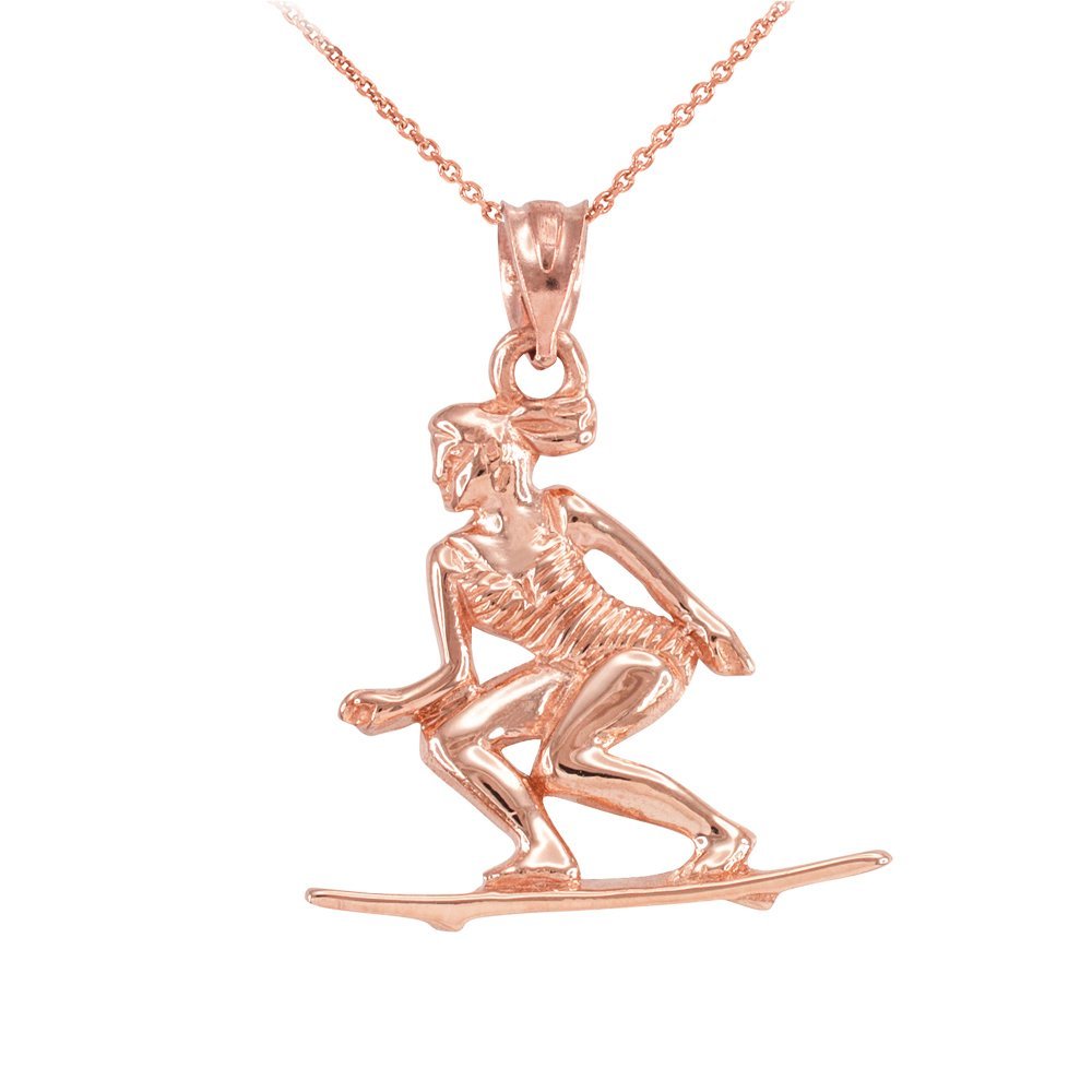 10K Rose Gold Surfing Pendant Necklace for Women - Elegant Beach Jewelry Gift for Surfers, Ocean Lovers & Water Sports Enthusiasts