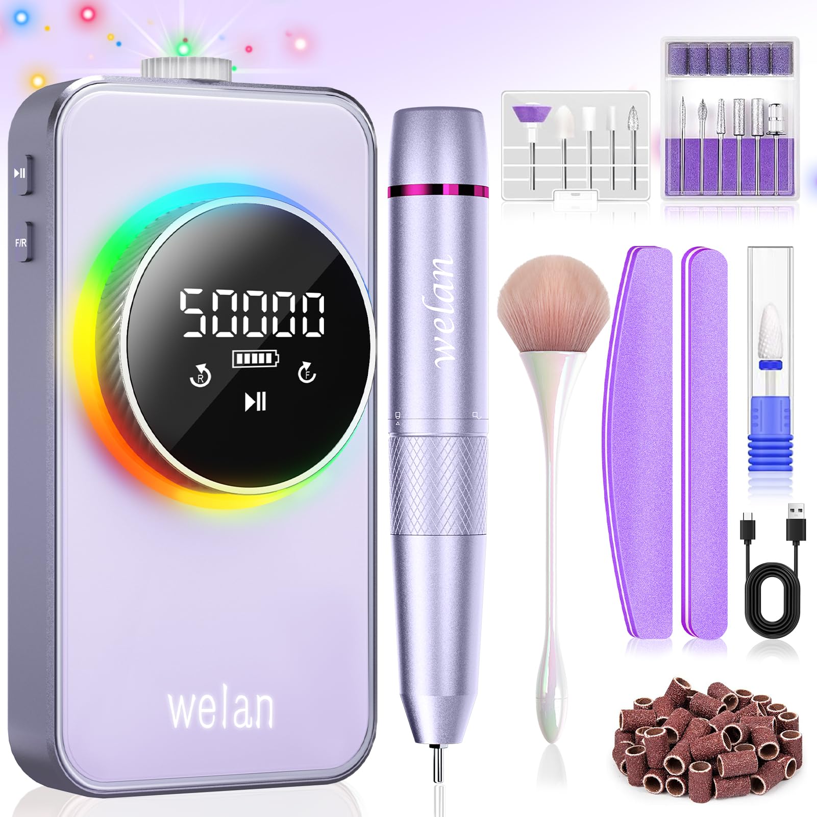 Professional Electric Nail Drill Kit - 50000RPM Portable Nail File with 6000mAh Rechargeable Battery for Acrylic & Gel Nails | Manicure Pedicure Polishing Machine for Salon & Home Use (Purple) | Perfect for DIY Nail Art & Professional Nail Care