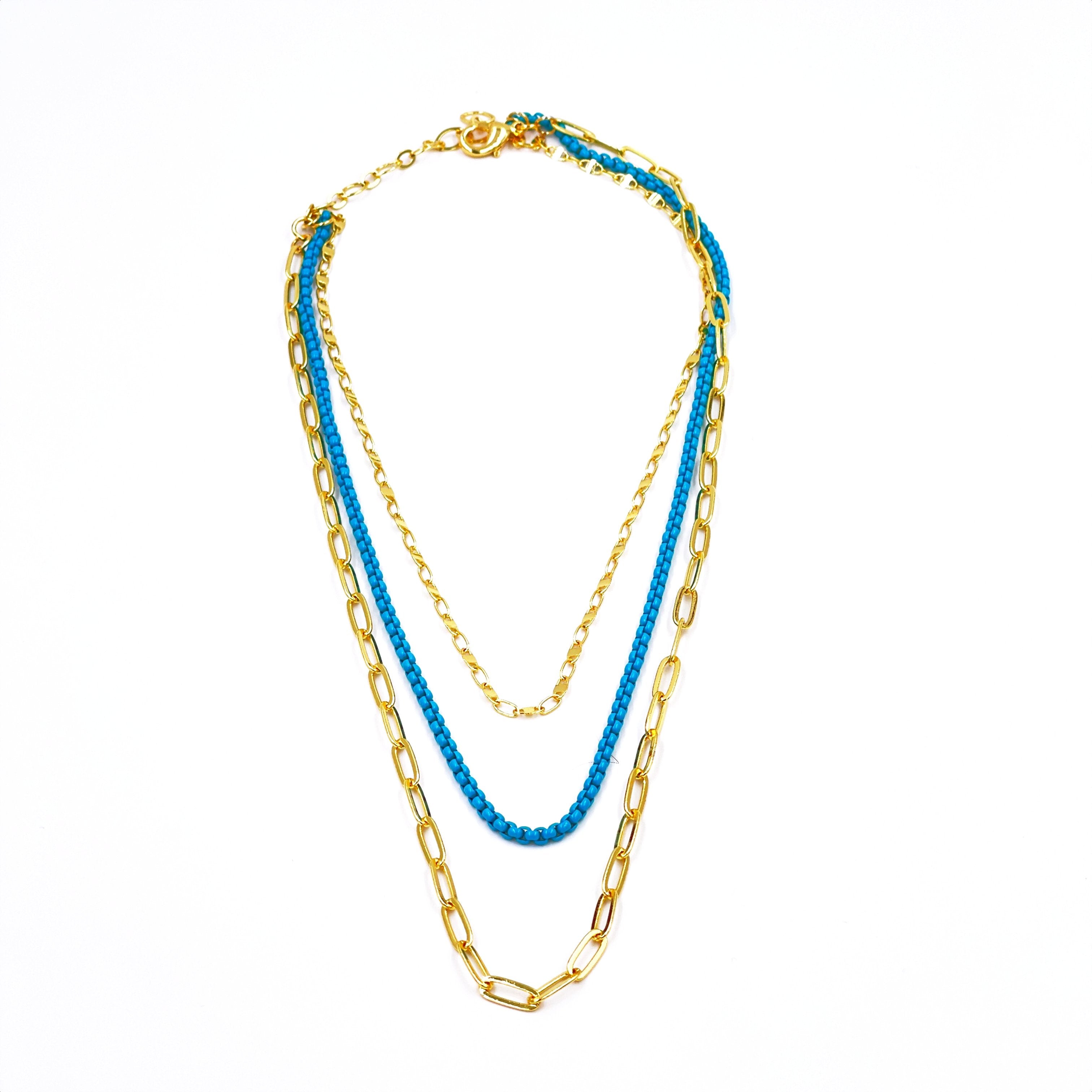 Ashley Gold Stainless Steel Gold Plated Blue Enamel Triple Chain Necklace for Women - Elegant Layered Jewelry Gift for Birthday, Anniversary & Special Occasions