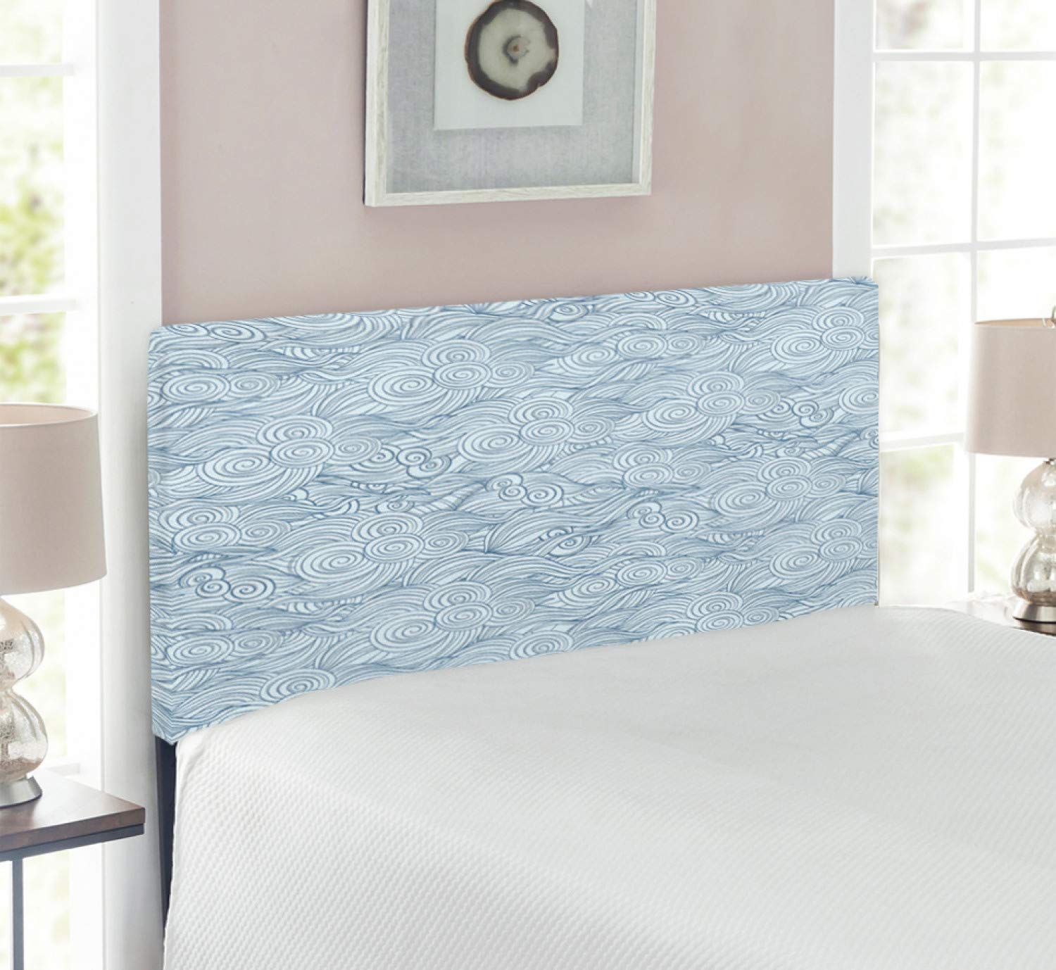 Ambesonne Wave Headboard - Traditional Japanese Blue Doodle Nautical Design, Upholstered Metal Bed Frame with Memory Foam, Twin Size in Pale Blue | Perfect for Coastal, Boho & Japandi Bedroom Decor