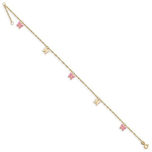 14K Yellow Gold Pink & White Enamel Butterfly Anklet Bracelet - Elegant Foot Jewelry for Women, Perfect for Summer, Beach & Boho Fashion