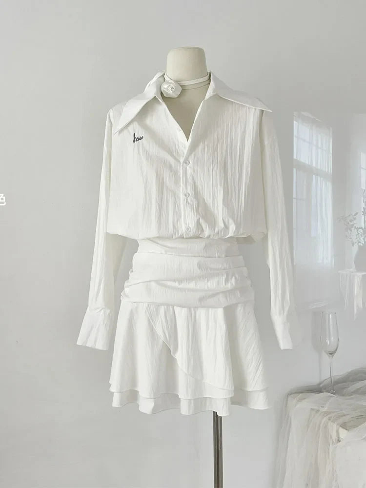 Elegant Fashion Polo Shirt Dress for Women - Mori Style Fake Two Piece Frock White A-Line Single Breasted Streetwear | High Quality Casual Wear for Daily Outings, Office and Weekend Brunch