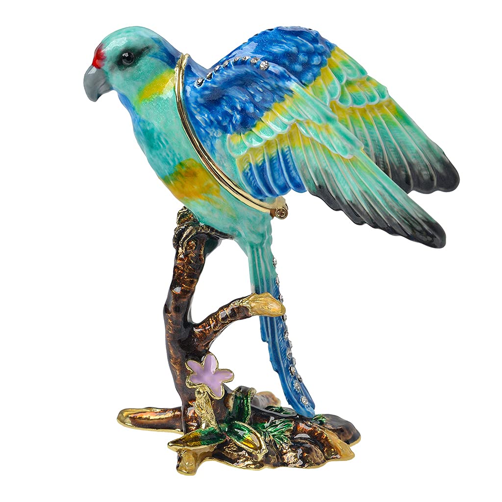 Exquisite Golden Crystal Enameled Parrot Jewelry Box - Hand-Painted Hinged Bird Trinket Case | Elegant Home Decor & Unique Gift for Bird Lovers | Perfect for Jewelry Storage, Display & Special Occasion Gifting