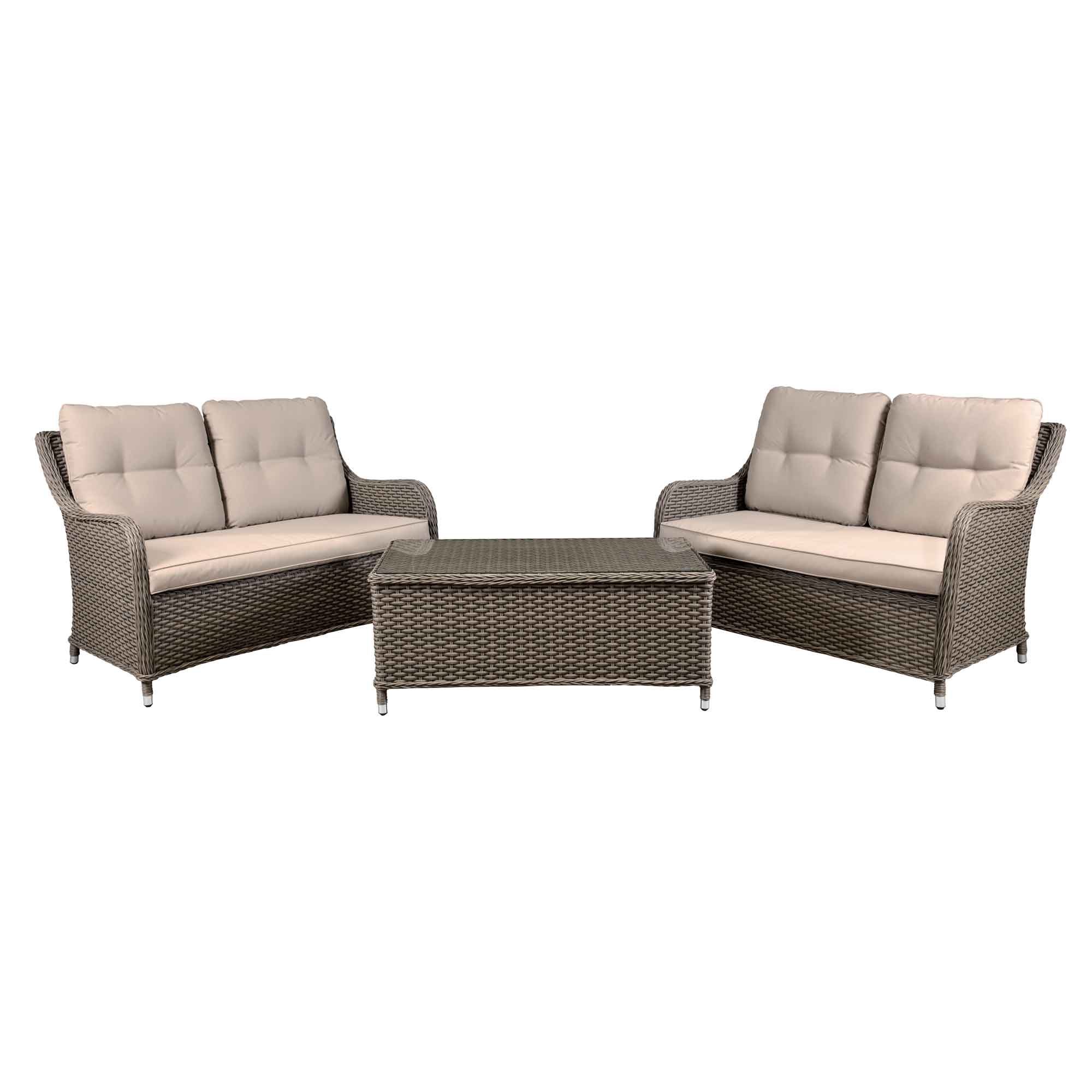 Chester 3-Piece Outdoor Rattan Patio Furniture Set with 2 Double Seater Sofas - Brown Wicker Lounge Set for Garden, Poolside & Backyard Relaxation