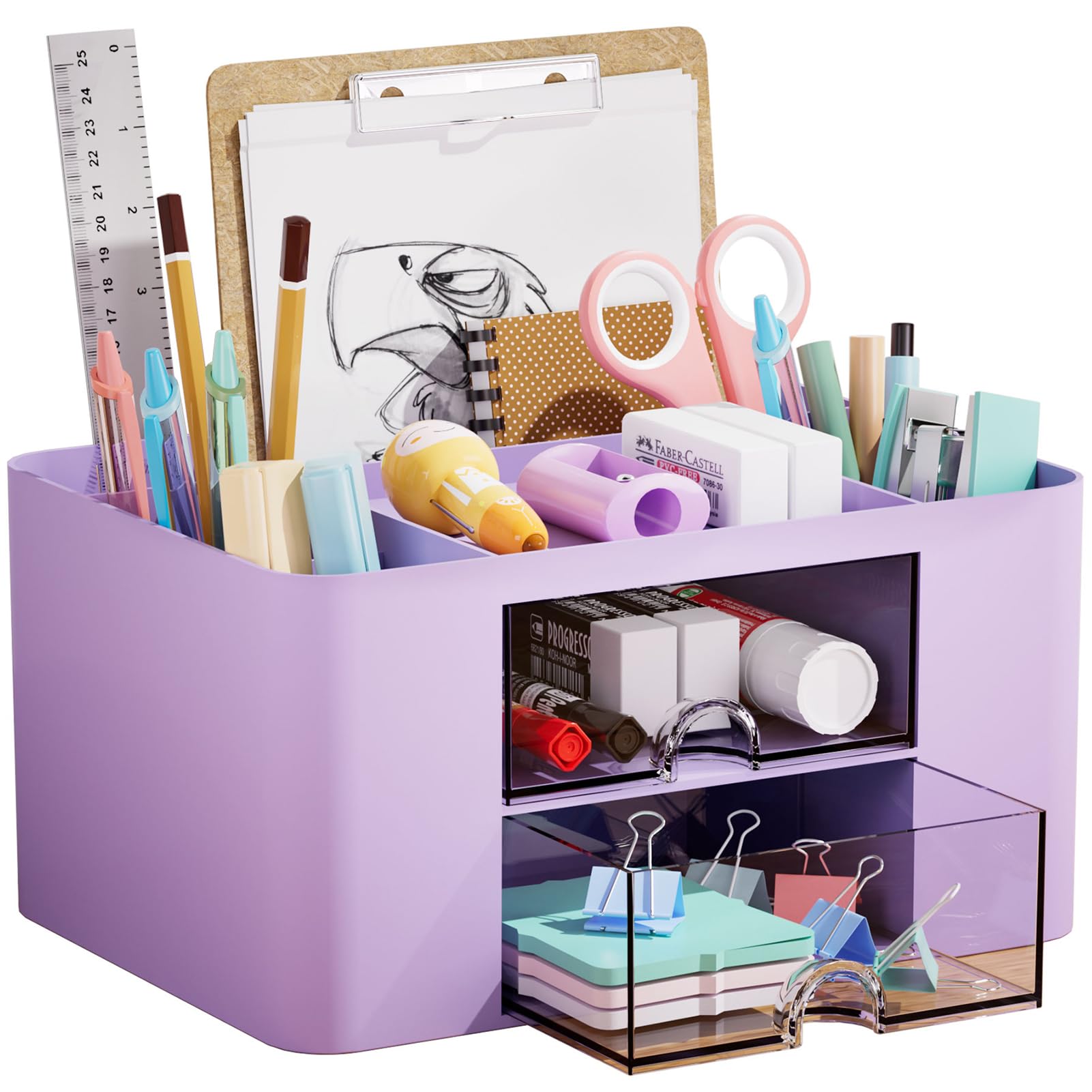Marbrasse 2-Drawer Pen Organizer - Multi-Functional Desk Pencil Holder with 5 Compartments for Office & Art Supplies (Purple) | Perfect for Home Office, School & Craft Room Organization