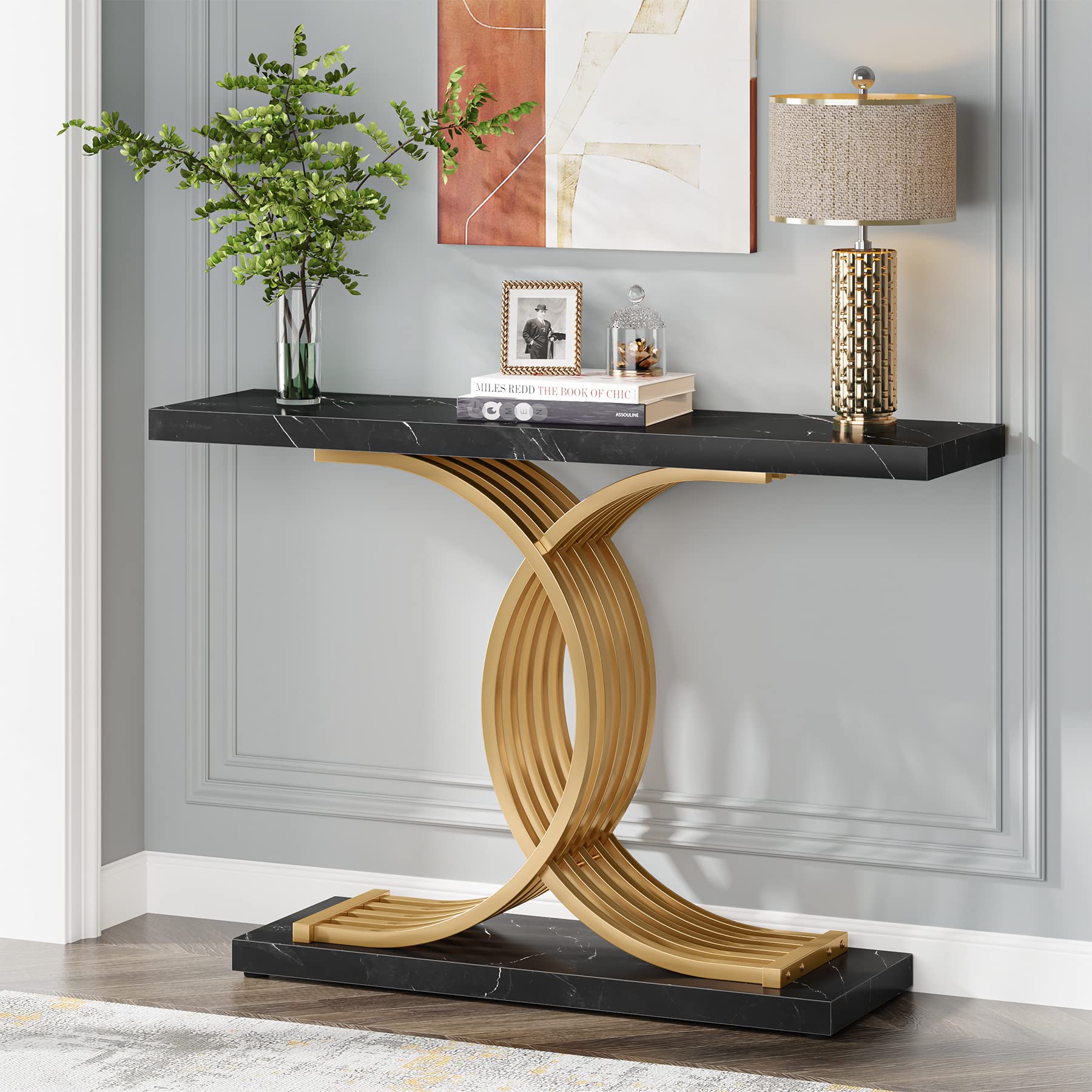 Tribesigns 39-Inch Modern Gold Entryway Console Table with Geometric Metal Legs - Faux Marble Narrow Wood Sofa Table for Foyer, Living Room, Hallway - Elegant Home Decor (Gold & Black)