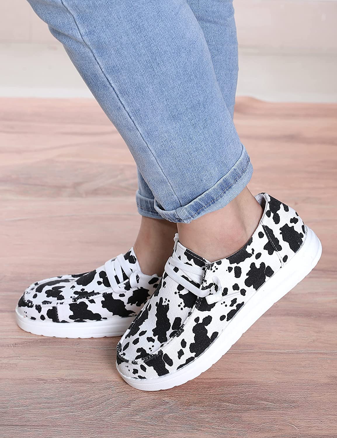 Women's Cow Print Canvas Slip-On Sneakers - Comfortable Loafers for Casual Wear, Walking & Fashion Outfits