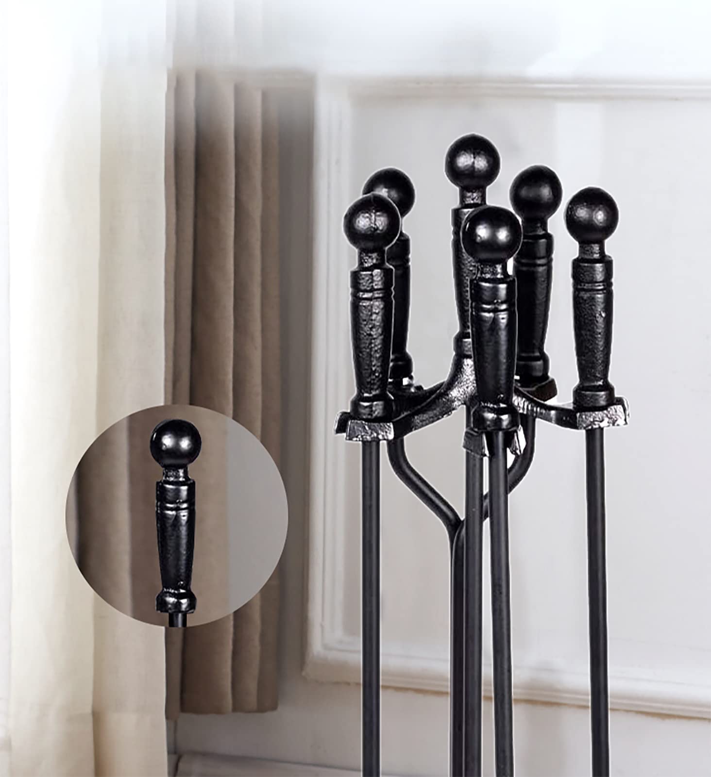 Premium MTSON 5-Piece Fireplace Tools Set - Heavy Duty Cast Iron Fireplace Accessories with Rustic Tool Holder for Indoor Fireplaces | Perfect for Home, Cabin & Fireplace Maintenance