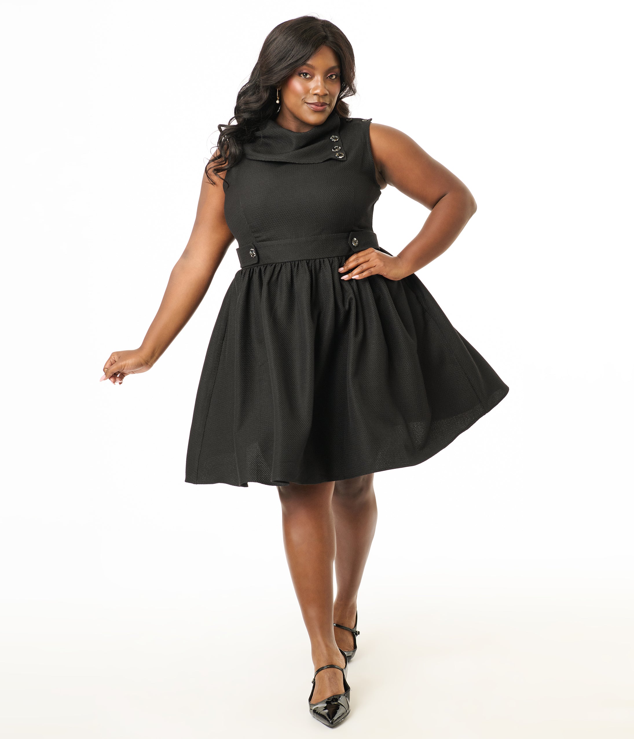 Smak Parlour Plus Size Black Tweed Funnel Neck Fit & Flare Dress for Women | Elegant Office Wear & Special Occasion Outfit