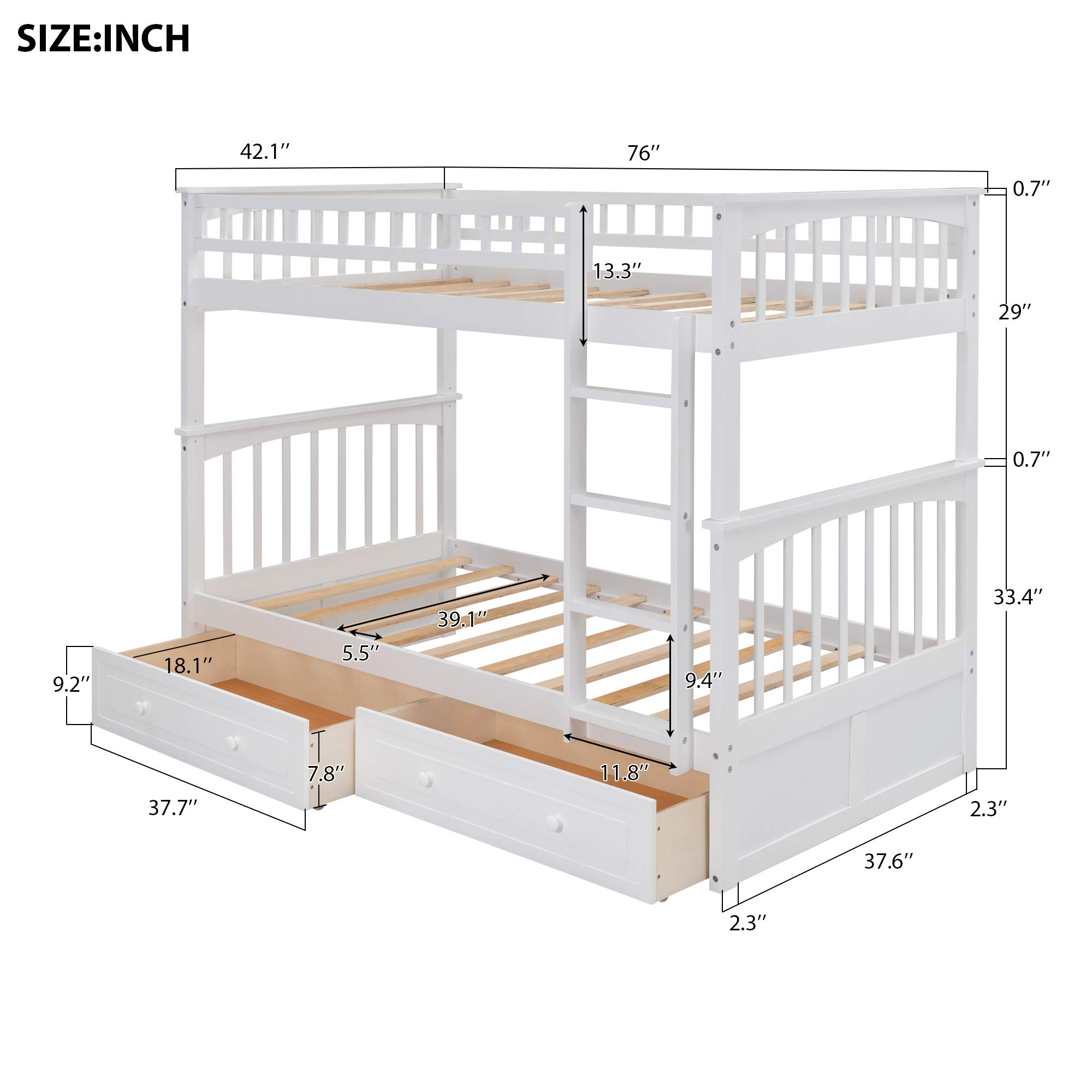 **Solid Wood Bunk Bed with Storage Drawers & Ladder - Twin Size, White - Space-Saving Kids, Teens & Adults Bed for Small Rooms, Dorms & Guest Rooms**
