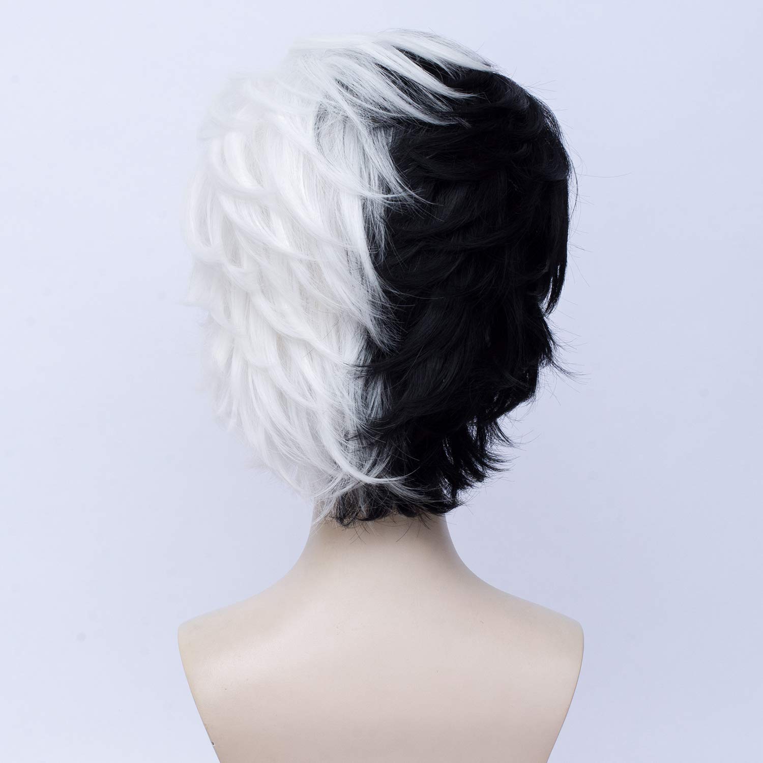 QACCF Short Layered Curly Half White Half Black Synthetic Wig for Women - Perfect for Mad Scientist Costume, Cosplay, Halloween, and Theatrical Performances