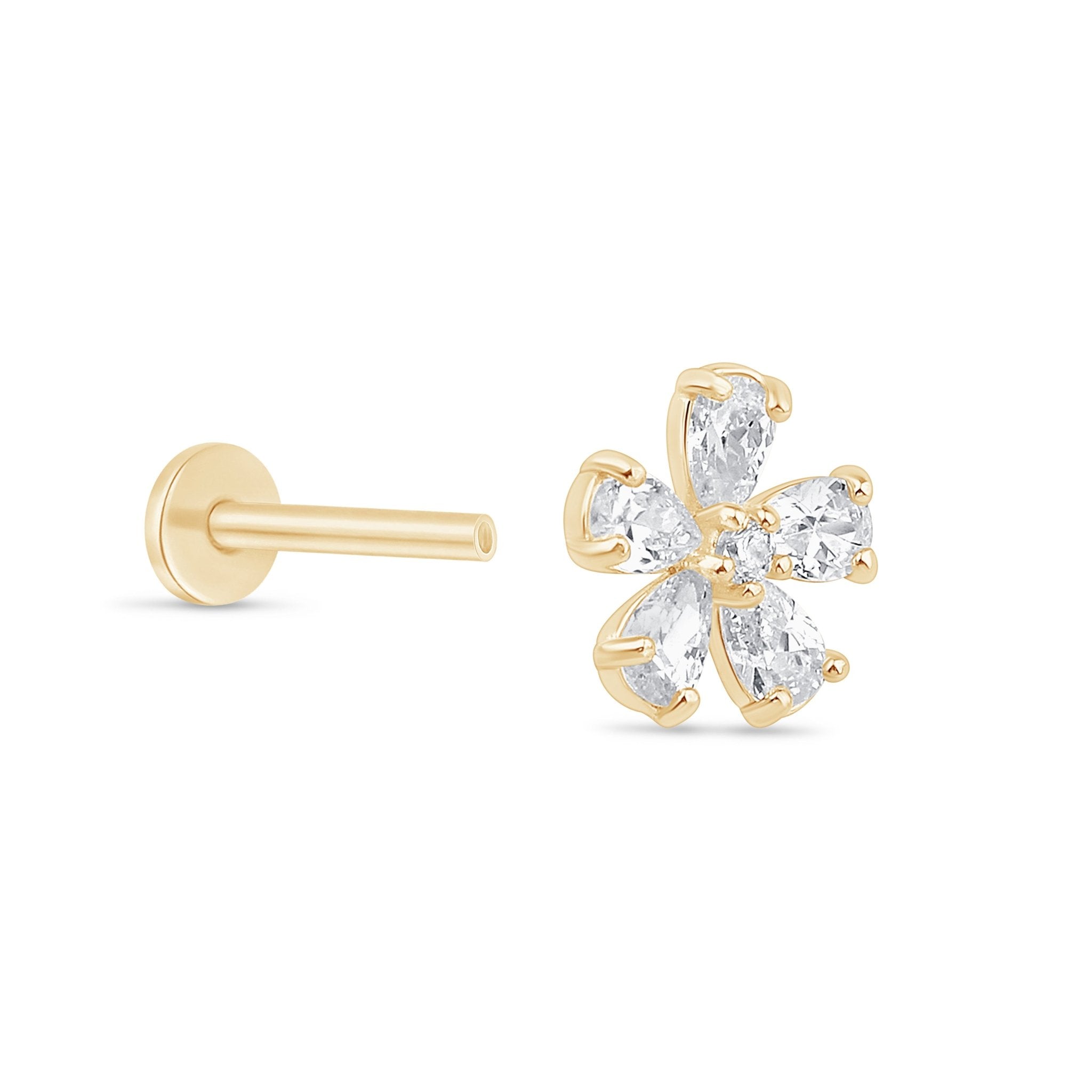 14k Yellow Gold Flower Stud Earrings - Dainty Floral Flat Back Earrings for Women - Perfect for Weddings, Parties & Everyday Wear