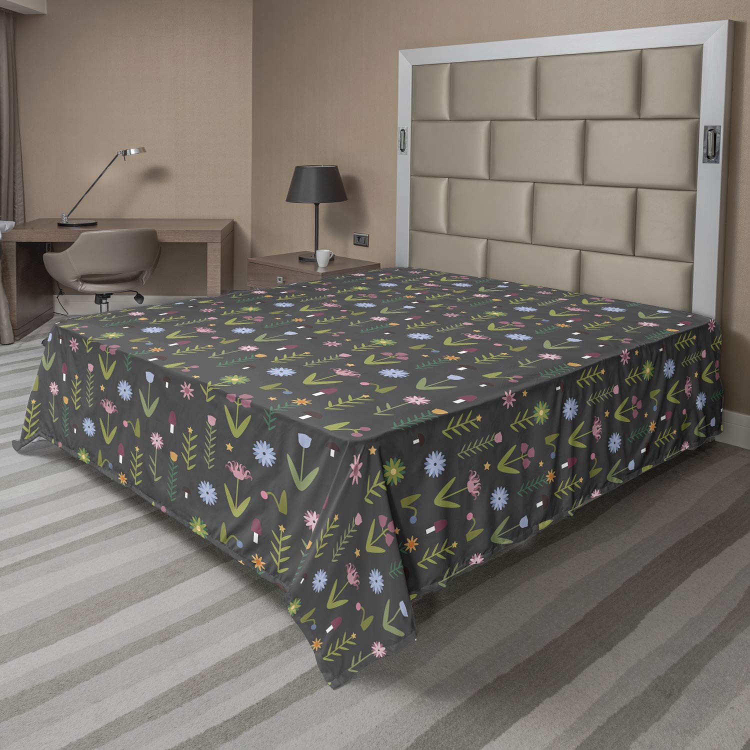 Ambesonne Floral Flat Sheet - Queen Size Soft Comfortable Top Sheet with Tulip, Iris, Daisy & Rose Petals Forest Mushroom Pattern, Olive Green Dried Rose Decorative Bedding | Perfect for Kids' Rooms, Guest Bedrooms & Boho Home Decor