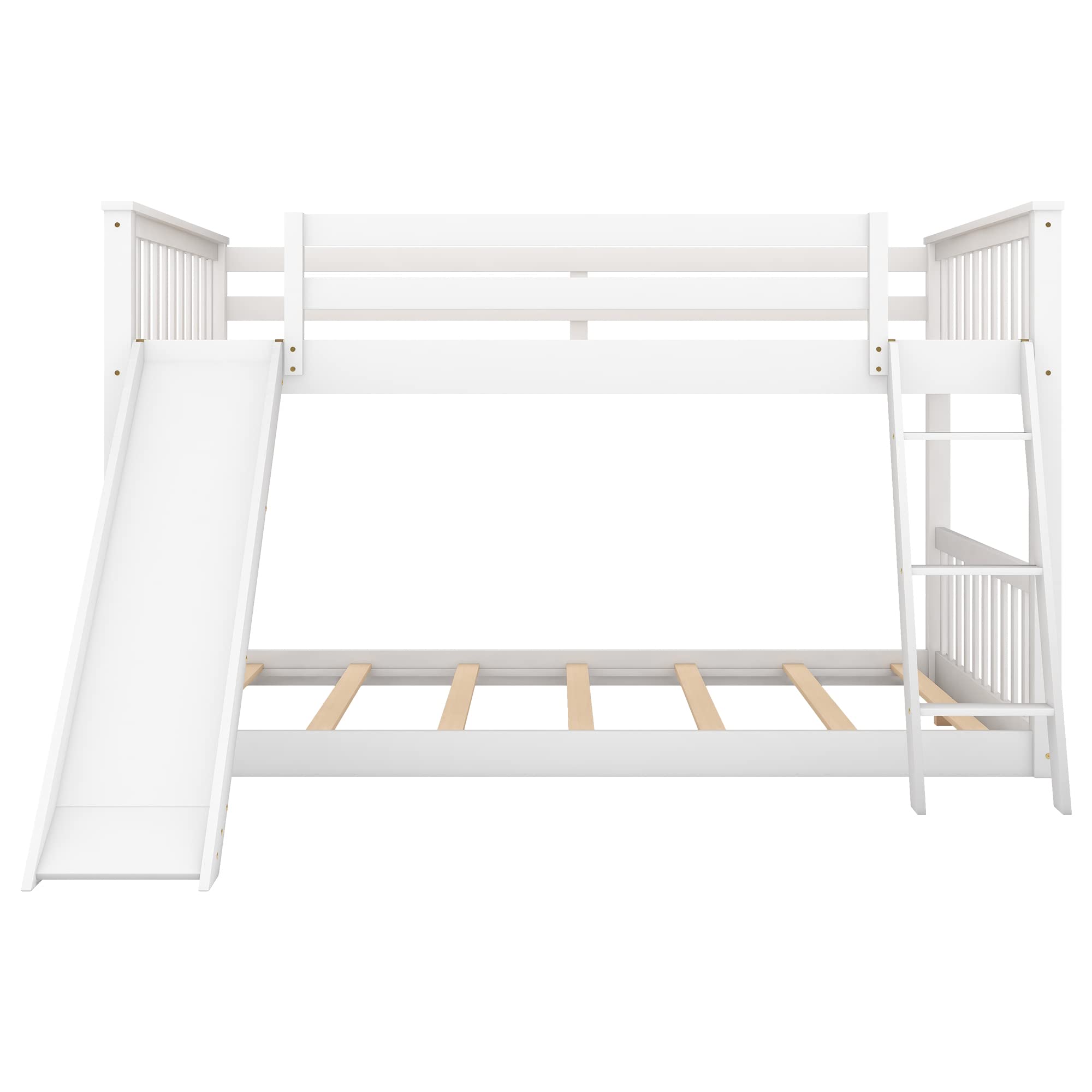 SOFTSEA Full Over Full Bunk Bed with Convertible Slide - Low Profile Kids Bunk Bed in White - Perfect for Small Bedrooms, Shared Kids Rooms & Sleepovers