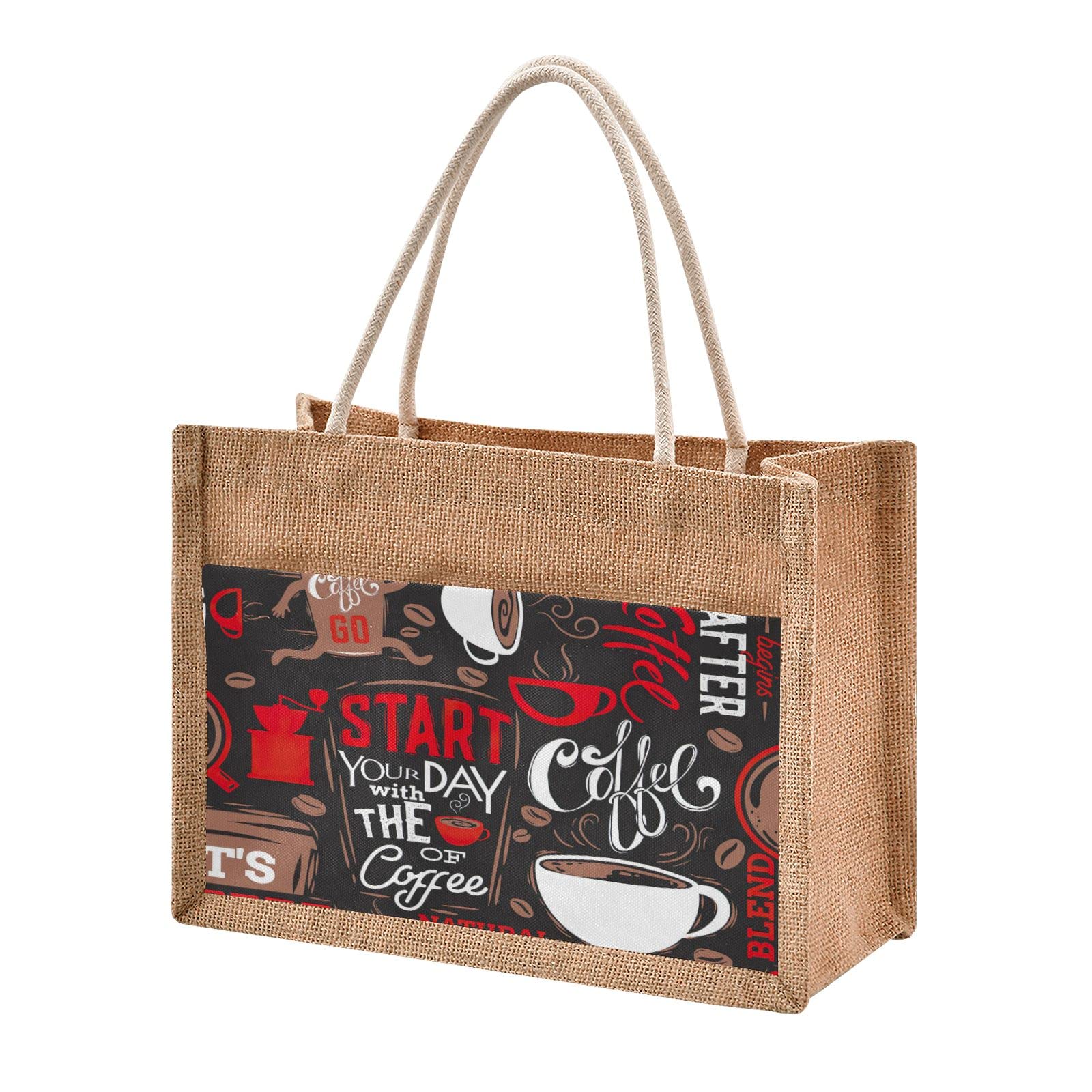 Linqin Coffee Pattern Jute Tote Bag - Waterproof Burlap Straw Grocery Shopping Bag for Women, Eco-Friendly Reusable Beach Tote for Travel, Picnic, Market & Daily Use