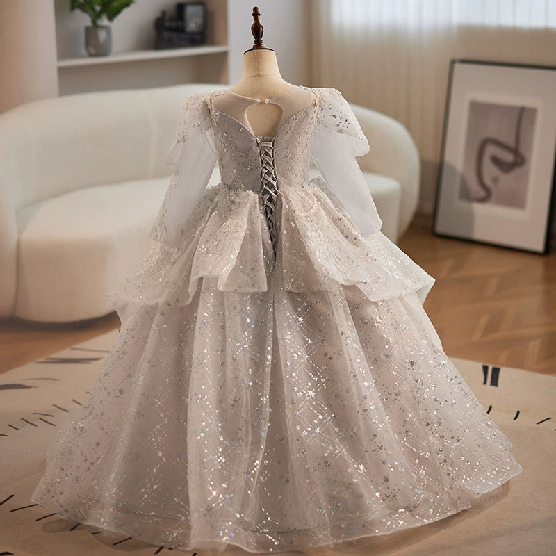 Elegant Baby Girls Jacquard Sequin Silver Long Sleeve Birthday Dress - Toddler Pageant Dress for Special Occasions & Photo Shoots