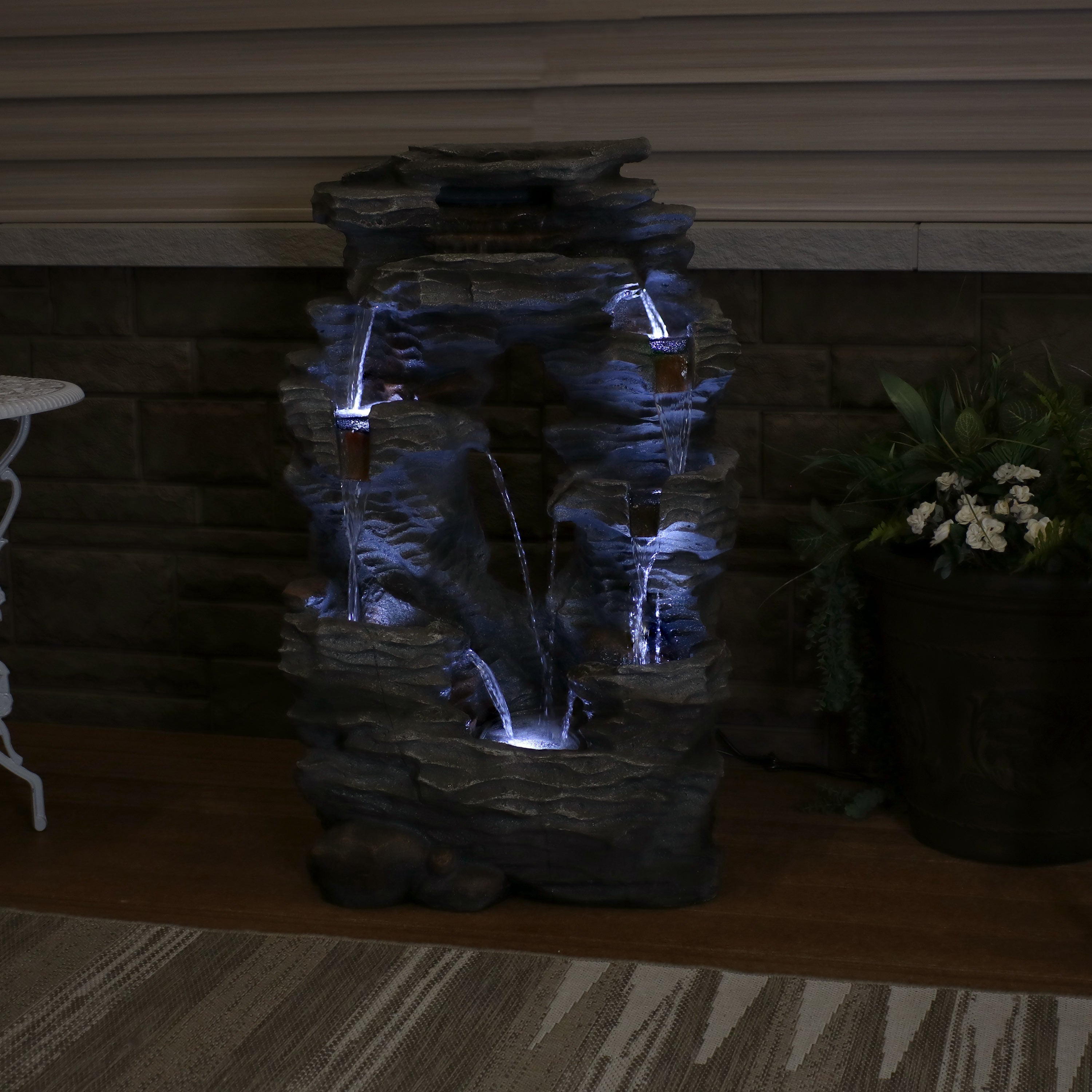 Outdoor Solar-Powered Dual Cascading Rock Waterfall Fountain with LED Lights & Submersible Pump - Perfect for Garden, Patio, and Backyard Decor