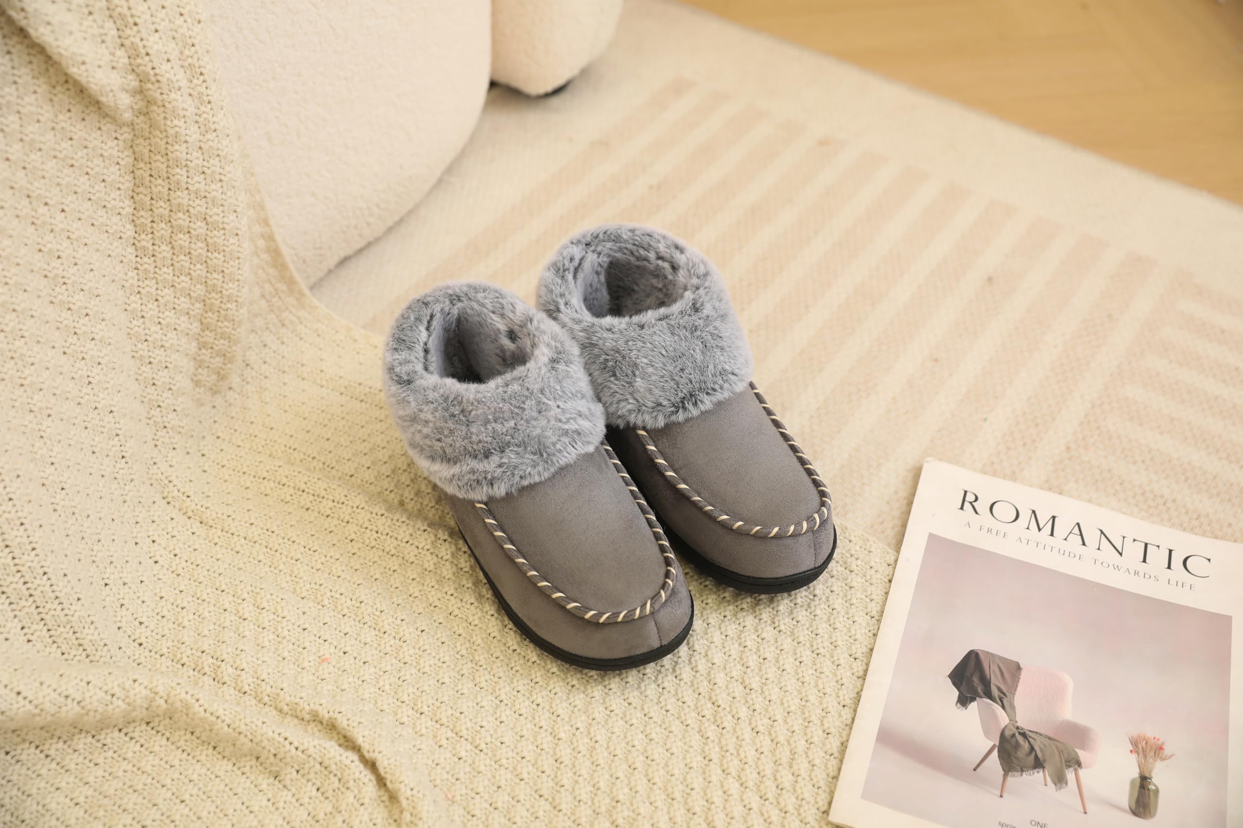 VONMAY Women's Fuzzy Plush Bootie Slippers - Suede Moccasin House Shoes with Memory Foam for Winter Warmth | Non-Slip Indoor/Outdoor Wear for Home, Office & Travel
