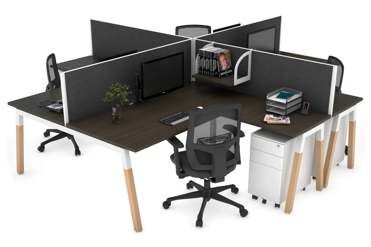 Quadro Wood A Legs Cross Beam 4-Person Corner Workstation Desk - 1600L x 1800W with Cable Management Scallop - Perfect for Office, Home Workspace & Collaborative Environments